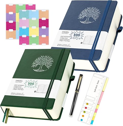 Paquete de 2 cuadernos rayados B5 con rayas universitarias, 300 páginas numeradas con bolígrafo, cuadernos gruesos con etiquetas de índice, diario