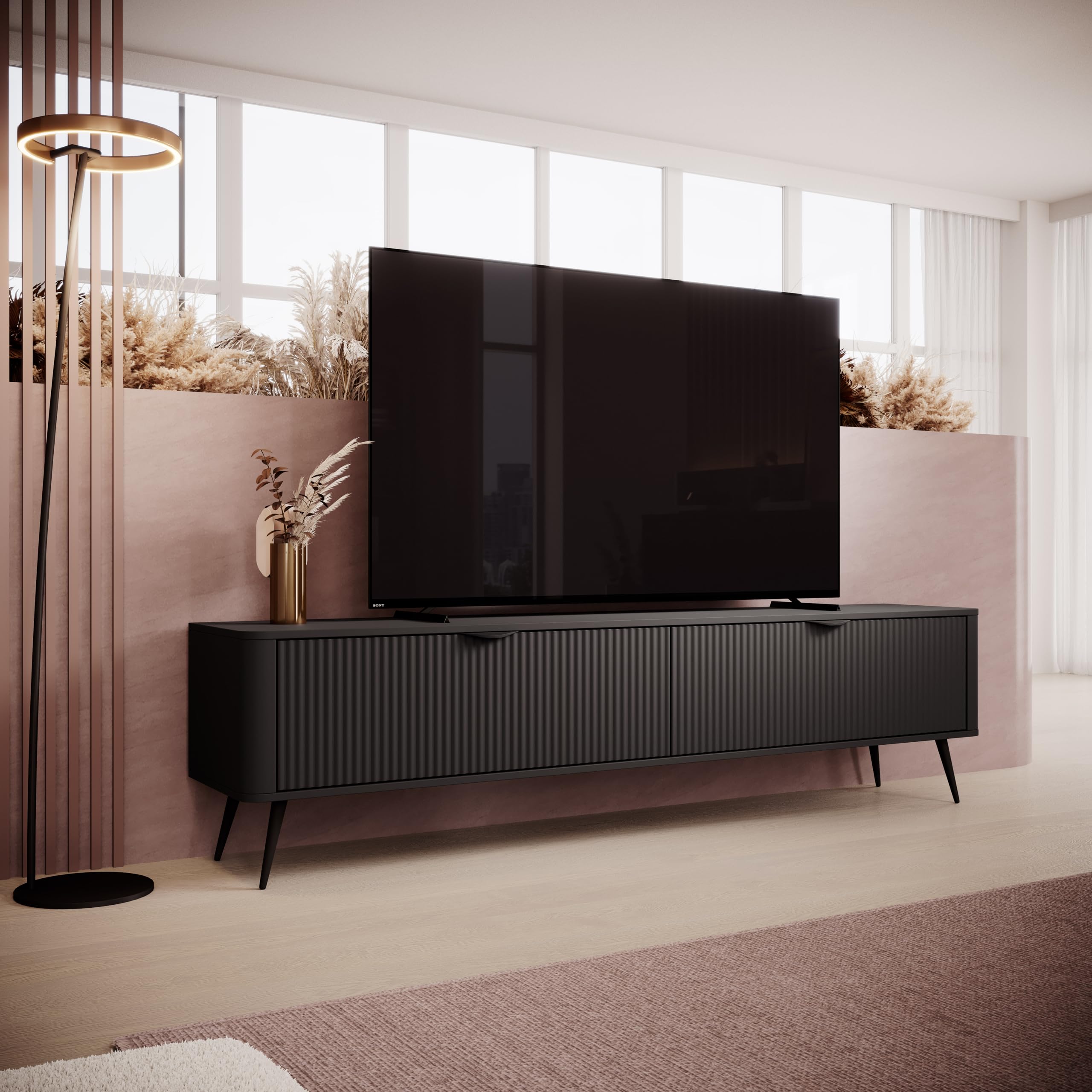 Moderner TV Lowboard Schwarz Matt Vespasia 200 2D – 200 cm Breite für Wohnzimmer