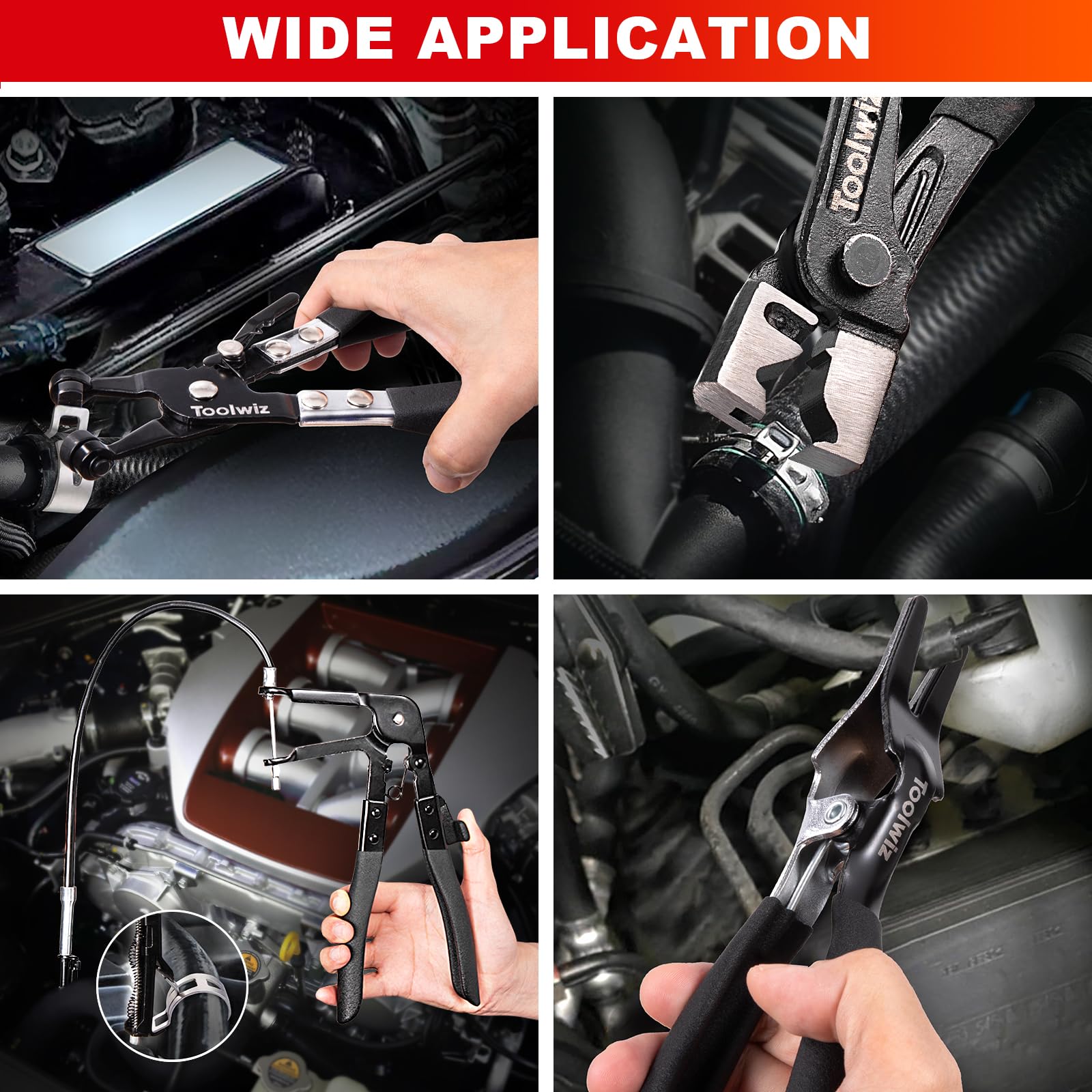 Toolwiz 4 Pcs Hose Clamp Pliers, Hose Clip Pliers Includes 27" Long Reach Wire Spring, Flat Band, Remover, and Clic-R Type Clamp Tool - Image 2