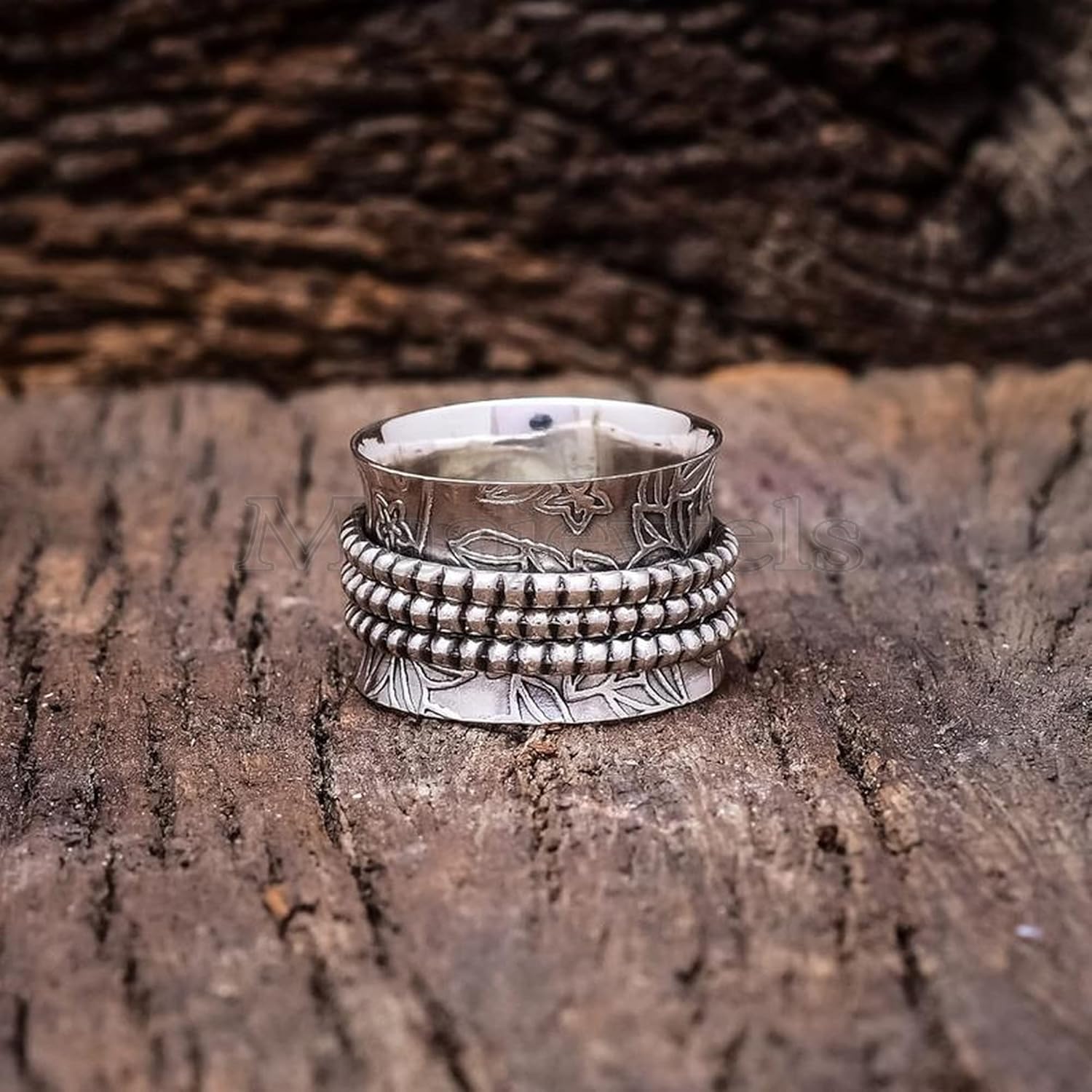 925 Sterling Silver Spinner Ring, Handmade Boho Fidget Band with Garnet, Amethyst, Opal, Moonstone, Turquoise