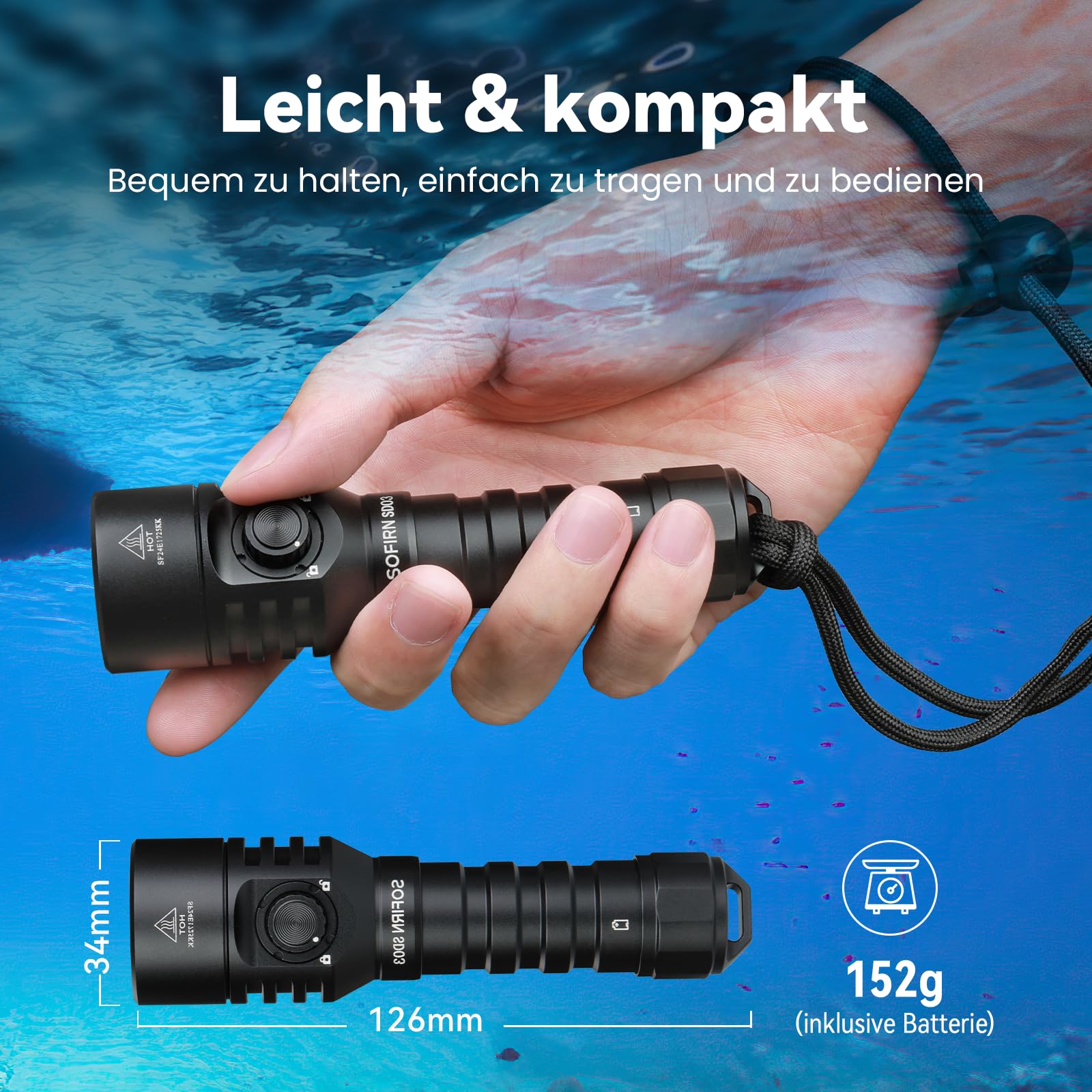 Sofirn SD03 Tauchlampe, 1800 Lumen Unterwasser Taschenlampe mit Abschließbarem Schalter, Tauchen Taschenlampe IPX8 Wasserdichte 100m,3 Lichtstufen & Aufladbar Akku und Ladegerät