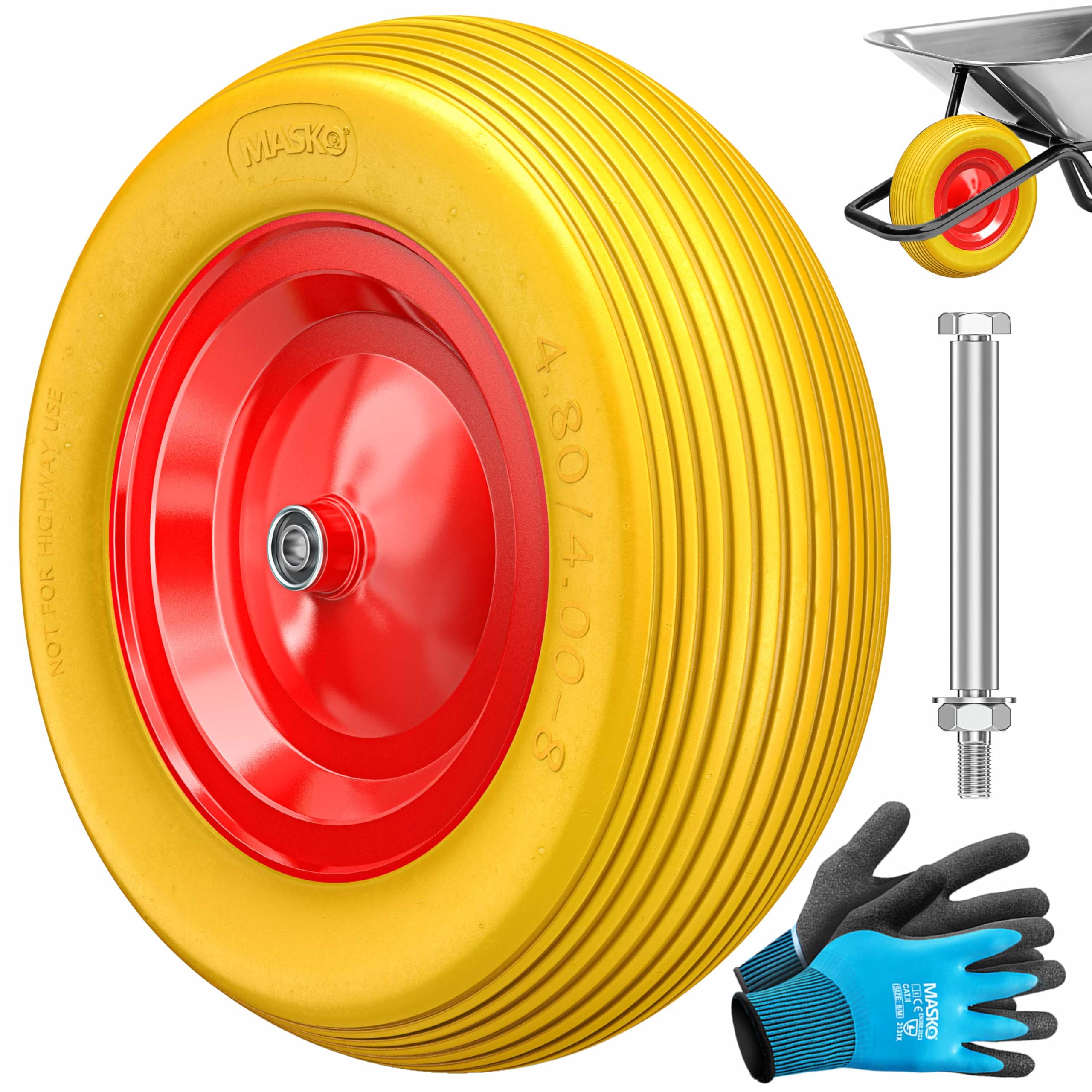 MASKO® PU Schubkarrenrad Vollgummi 200 kg 4.80/4.00-8 Ø 390mm Achse Ersatzrad Gummirad Stahlfelge Reifen pannensicher für Schubkarre Gartenkarren pannensicheres PU Rad inkl. Handschuhe, Gelb/Rot