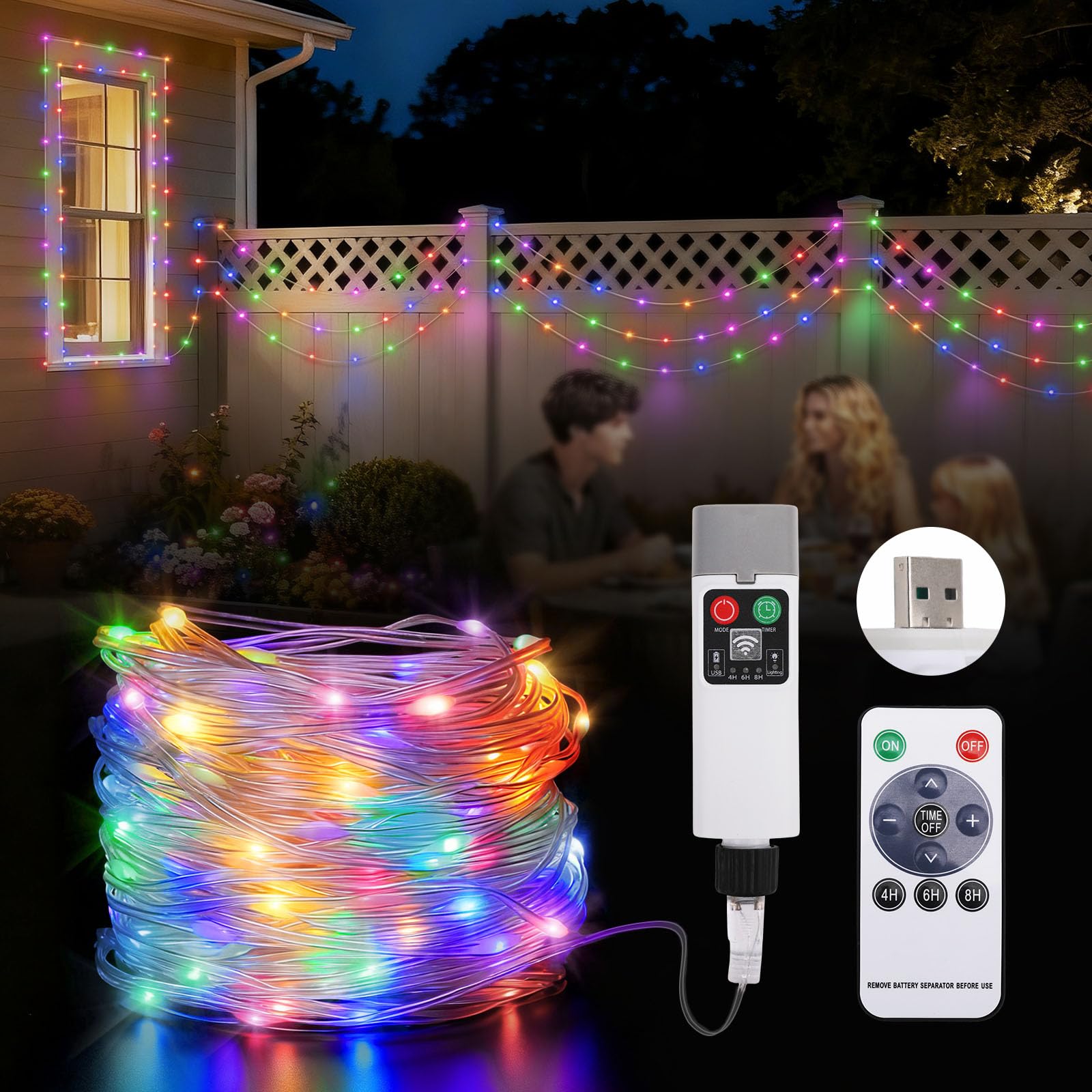 Joollurm 99FT/300LED USB Rechargeable String Lights, RGB Christmas Lights String with 8 Lighting Modes, Hanging Waterproof Portable LED Lamp for Camping Essentials, Yard, Christmas Party- Multicolor