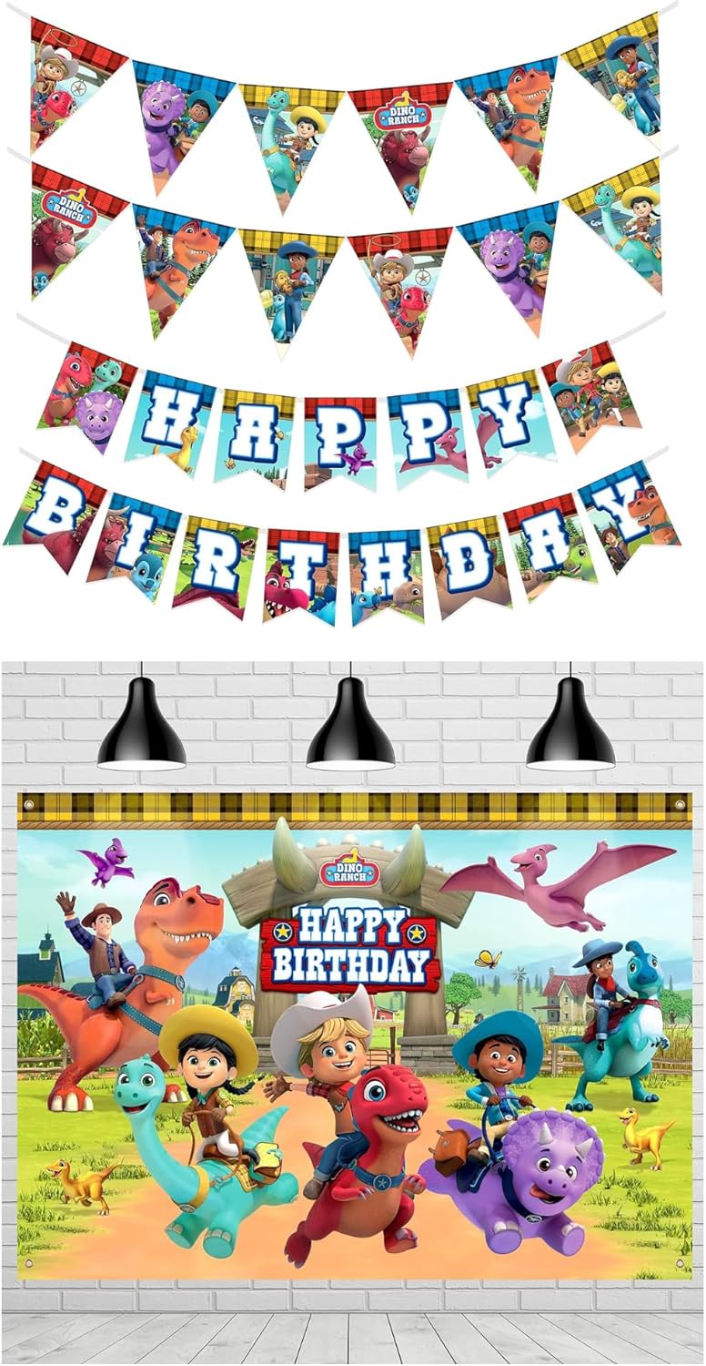 Treasures Gifted Dino Ranch Birthday Party Supplies - Dino Ranch Birthday Banners Set of 3 and Dino Ranch Backdrop