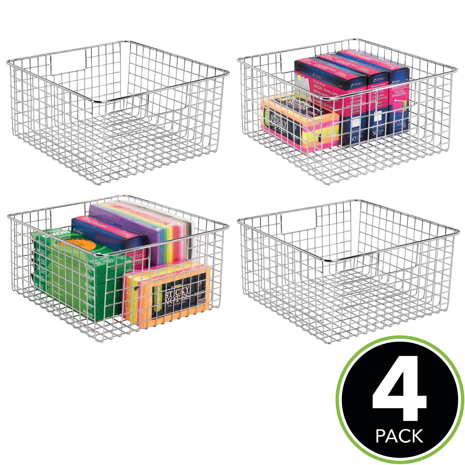 mDesign Organizer scrivania per posta, carte e cancelleria – Cesta metallo per uffici, scuola, camere da letto, cucine, bagni, garage – Cesta portaoggetti con manici incorporati – Set da 4 – cromato