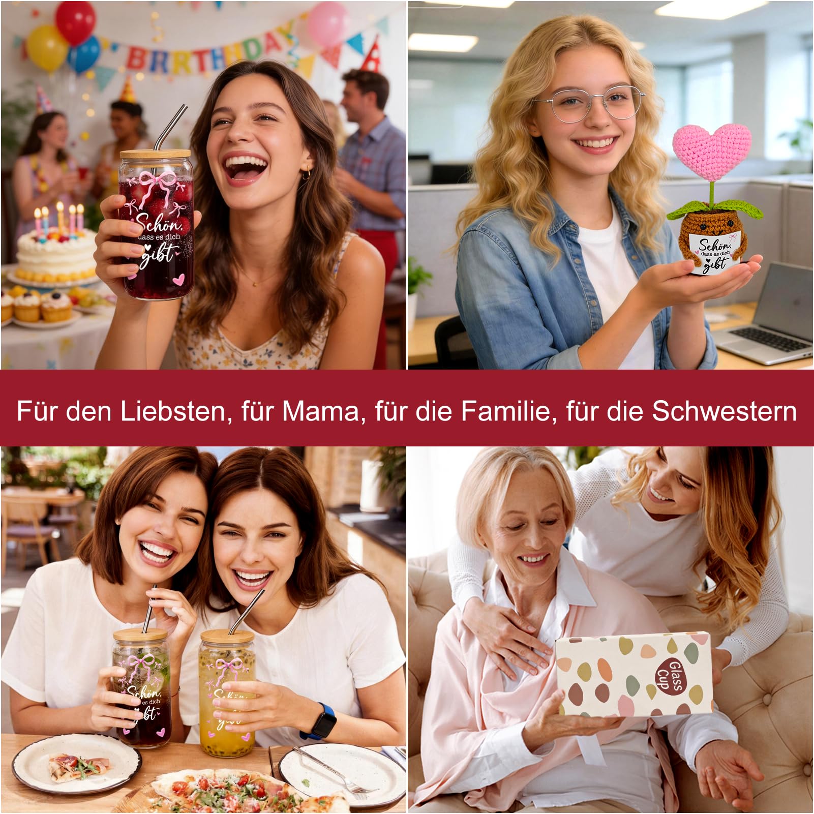 Geschenke für Frauen, Geburtstagsgeschenk für Frauen Freundinnen Schwestern Damen Beste Freundin, Schön dass es dich gibt Geschenke, mit Gehäkelte Glücksbringer