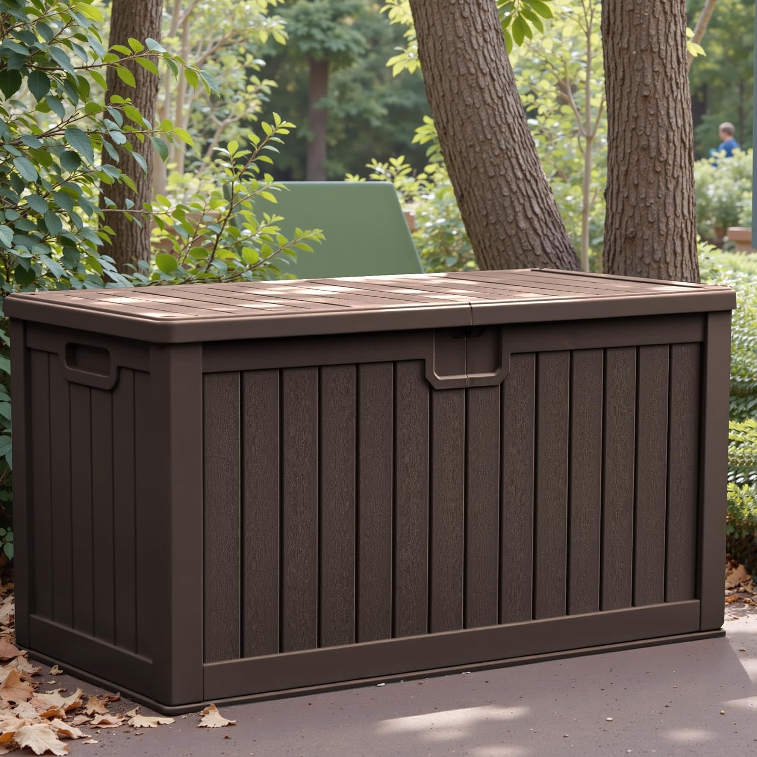 Greesum 230 Gallon HDPE Outdoor Storage Box with Removable Dividers, Weatherproof Oversized Deck Box for Patio, Garage, Garden, Brown