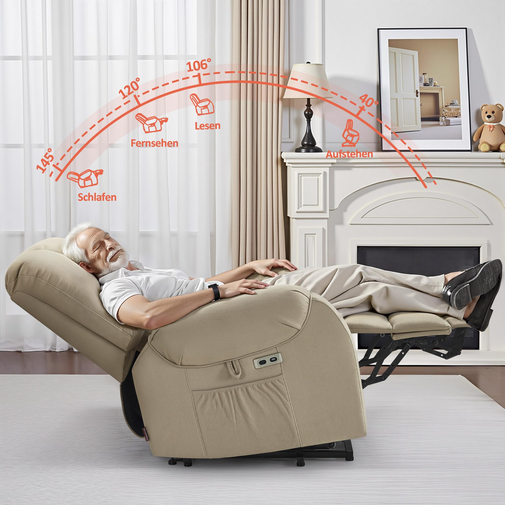M MCombo Fauteuil TV avec Fonction releveur électrique, avec Massage et Chauffage, Fauteuil Relax avec Fonction inclinable jusqu'à 145°, Porte-gobelets cachés 7252 (Microfibre, Beige-Brun)