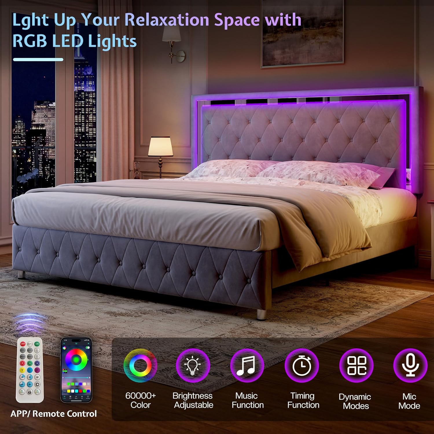 Jocisland Twin Bed Frame with LED Lights Headboard&Footboard, Velvet Upholstered Twin Size Platform Bed Frame No Box Spring Needed/Light Grey