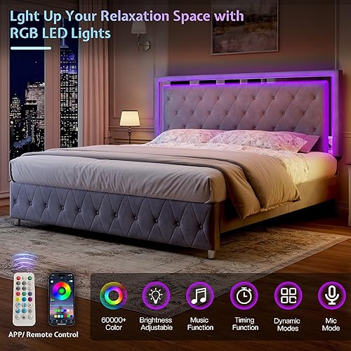 Miniatura 4 de Jocisland Base de cama matrimonial con cabecero y estribo de luces LED, tapizado de terciopelo, plataforma de tamaño matrimonial, no necesita