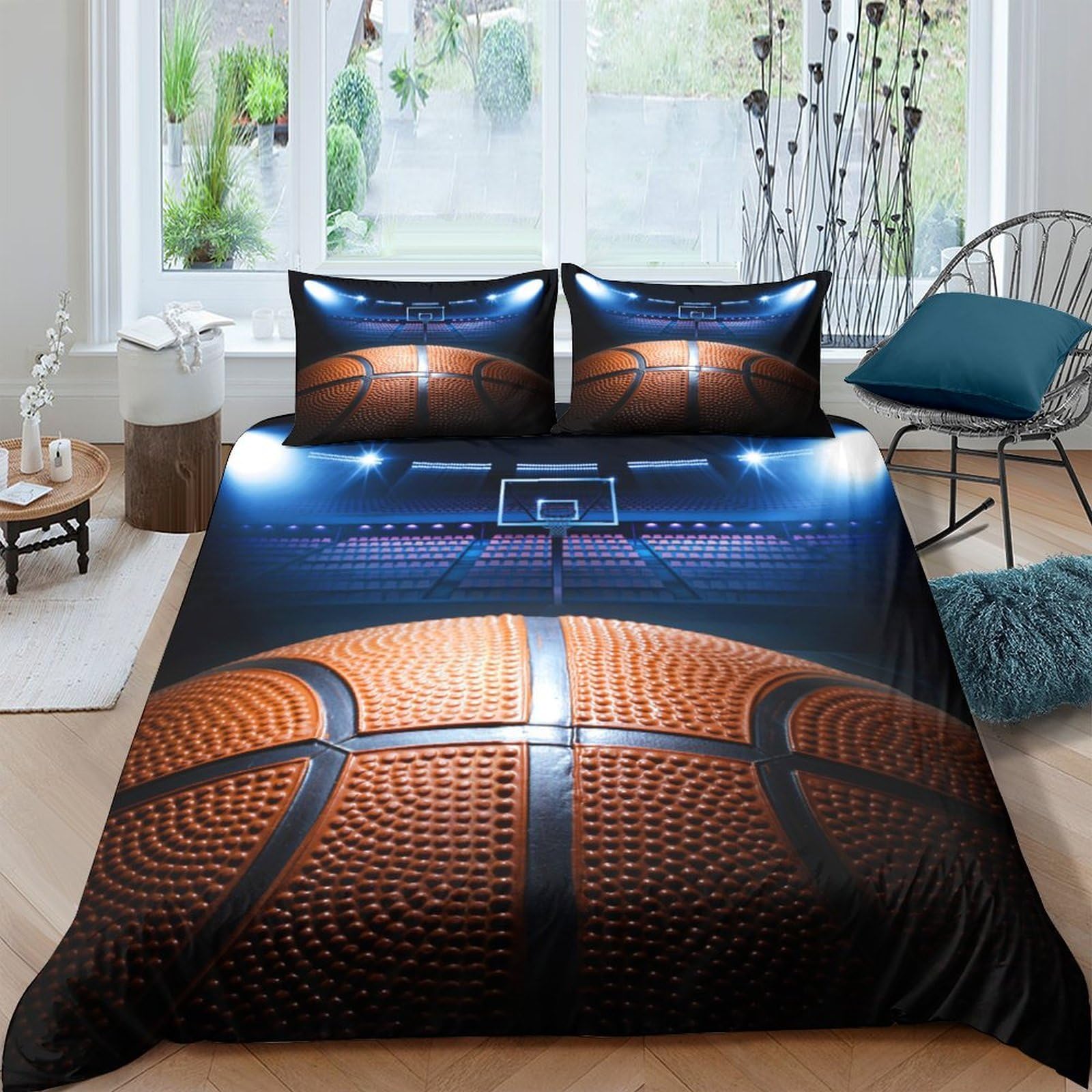 TUFRTGYHN 3D Printed Basketball Stadium Duvet Cover Microfiber Soft Orange Ball Bedding Set with 2 Pillowcases for Bedroom Home Decor Single（135x200cm）