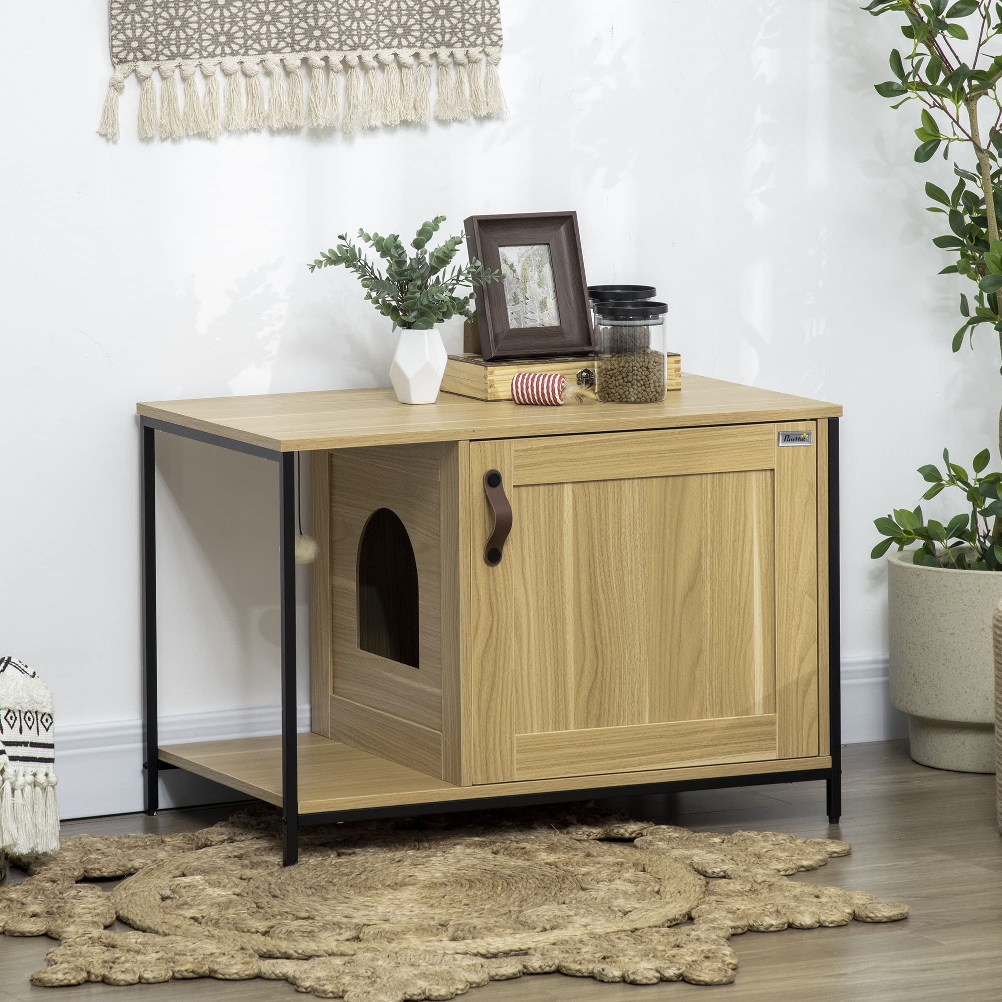 PawHut Maison de Toilette pour Chat Meuble Cache litière pour Chat Style Industriel Porte entrée latérale Boule Suspendue châssis Acier Aspect Bois Clair | Cache Litière, Porte Entrée Latérale, Boule Suspendue, Châssis Acier