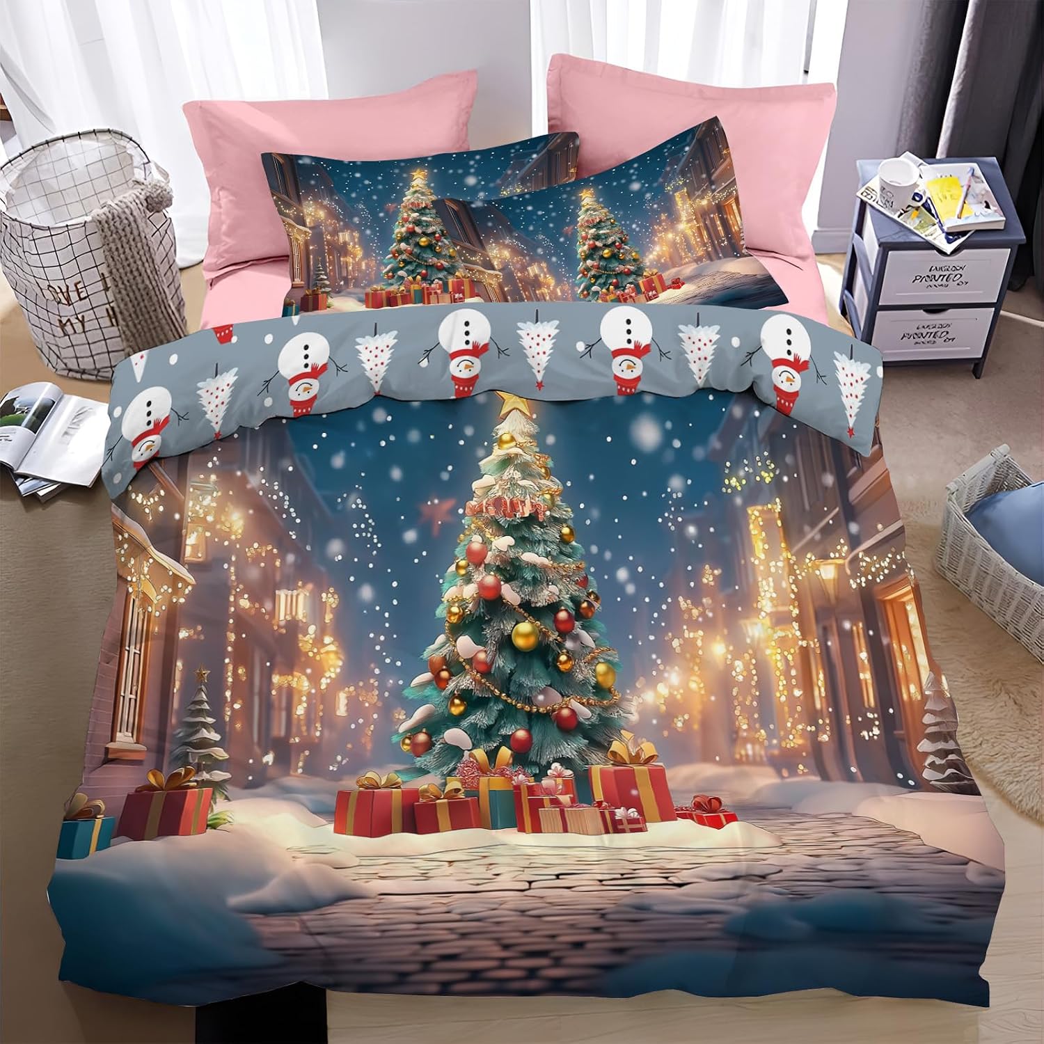 Christmas Duvet Cover Twin Size,Cozy 3D Printed City Streets Bedding with Night Winter Scenery,Reversible Soft Quilt Cover Gift for Family,Machine Washable,68 x 90 in
