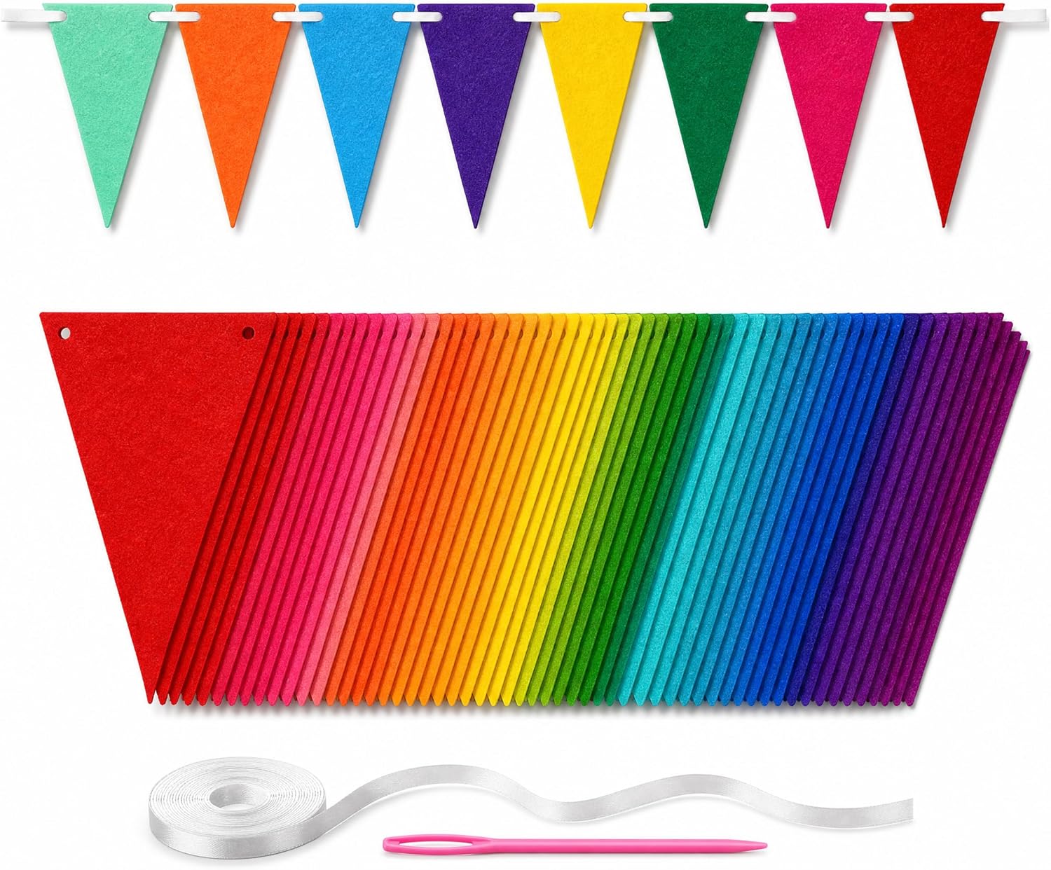 Felt Pennant Banner, 72 Pcs, 1.5 mm Thick, Reusable | 1.5 mm thick felt pennant flags that stay flat without curling. 72 pcs with ribbons and needles for DIY spacing