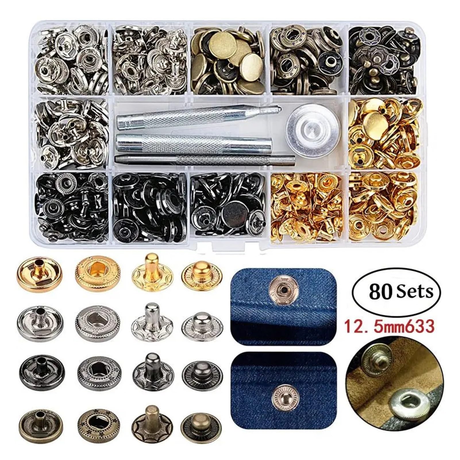 Kit de Cierres a presión, Botones a presión de Metal de 12,5mm for Ropa, Bolsa Artesanal, Zapatos, Collar, cinturón, Jeans, botón de Ajuste, Sastre DIY(80pcs Tools Set)