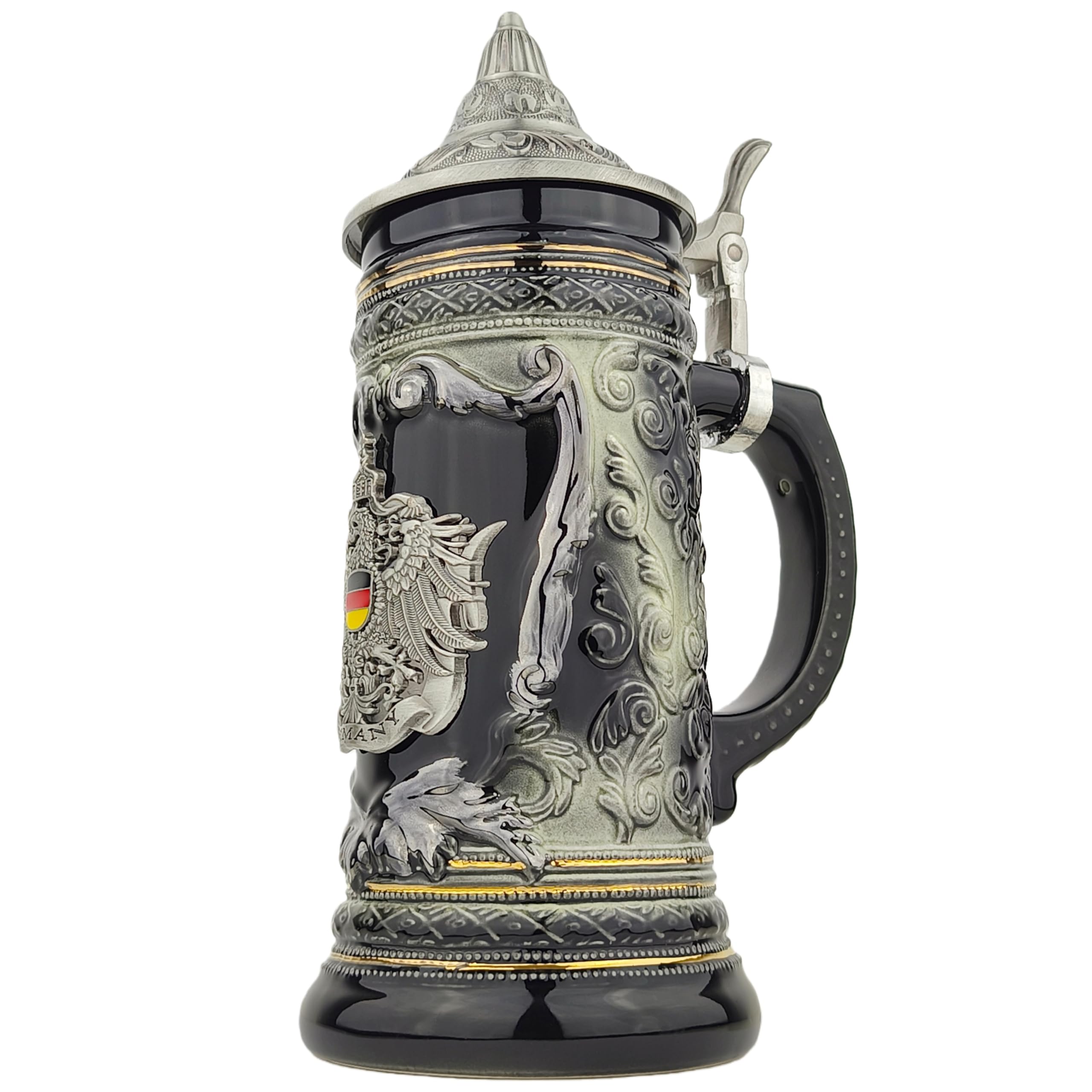 Bierkrug mit Deckel 0,7L – Klassischer Steinkrug mit Spitzdeckel & Metallmontur – Deutschland-Motiv – Geschenkidee für Männer, Vater & Bierliebhaber (Schwarz)