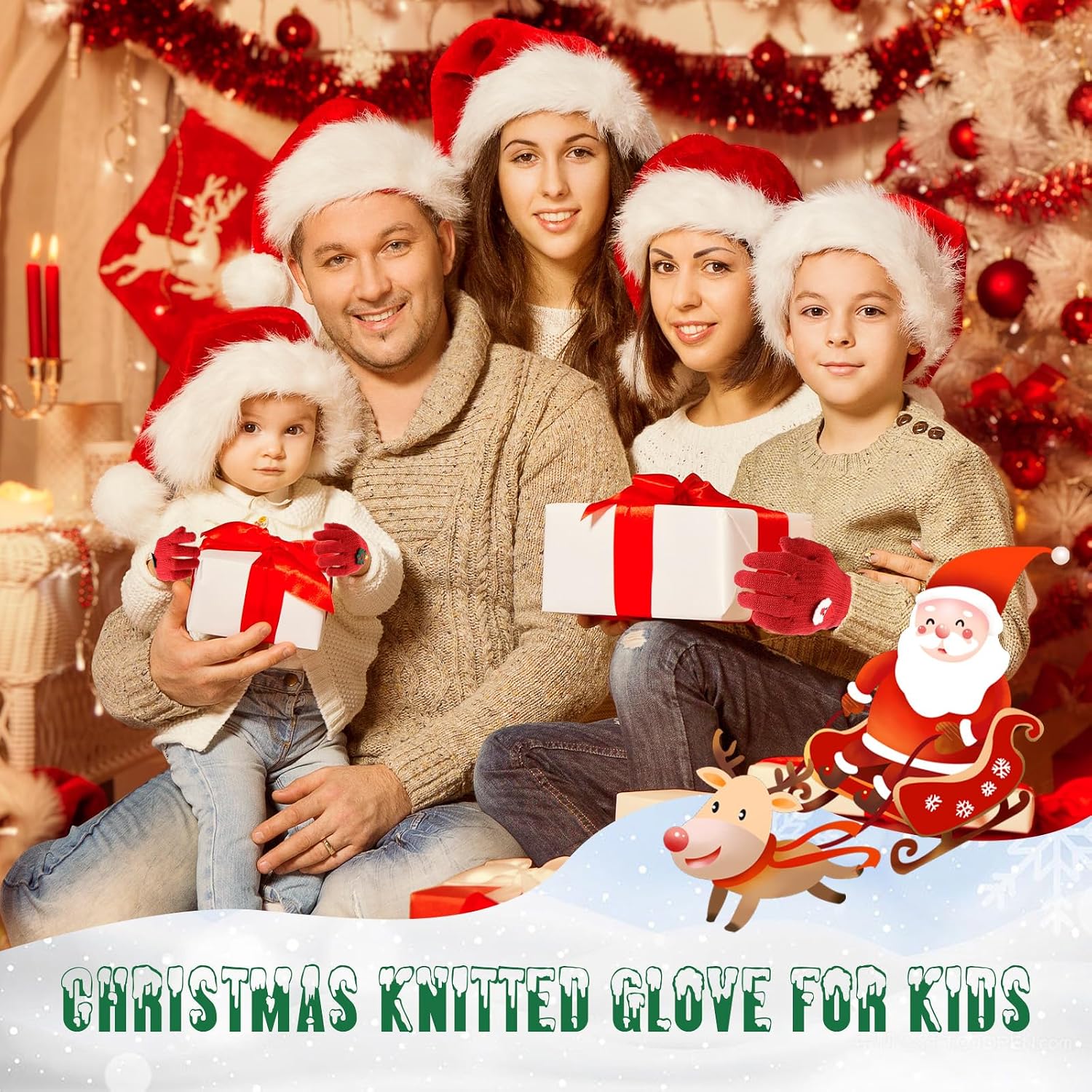 QKURT 4 Pairs Winter Kids Magic Stretch Gloves, Kids Christmas Gloves Warm Knit Winter Mittens for Boys Girls, Christmas Knitted Mittens with Xmas Pattern for 2-8 Years Childern