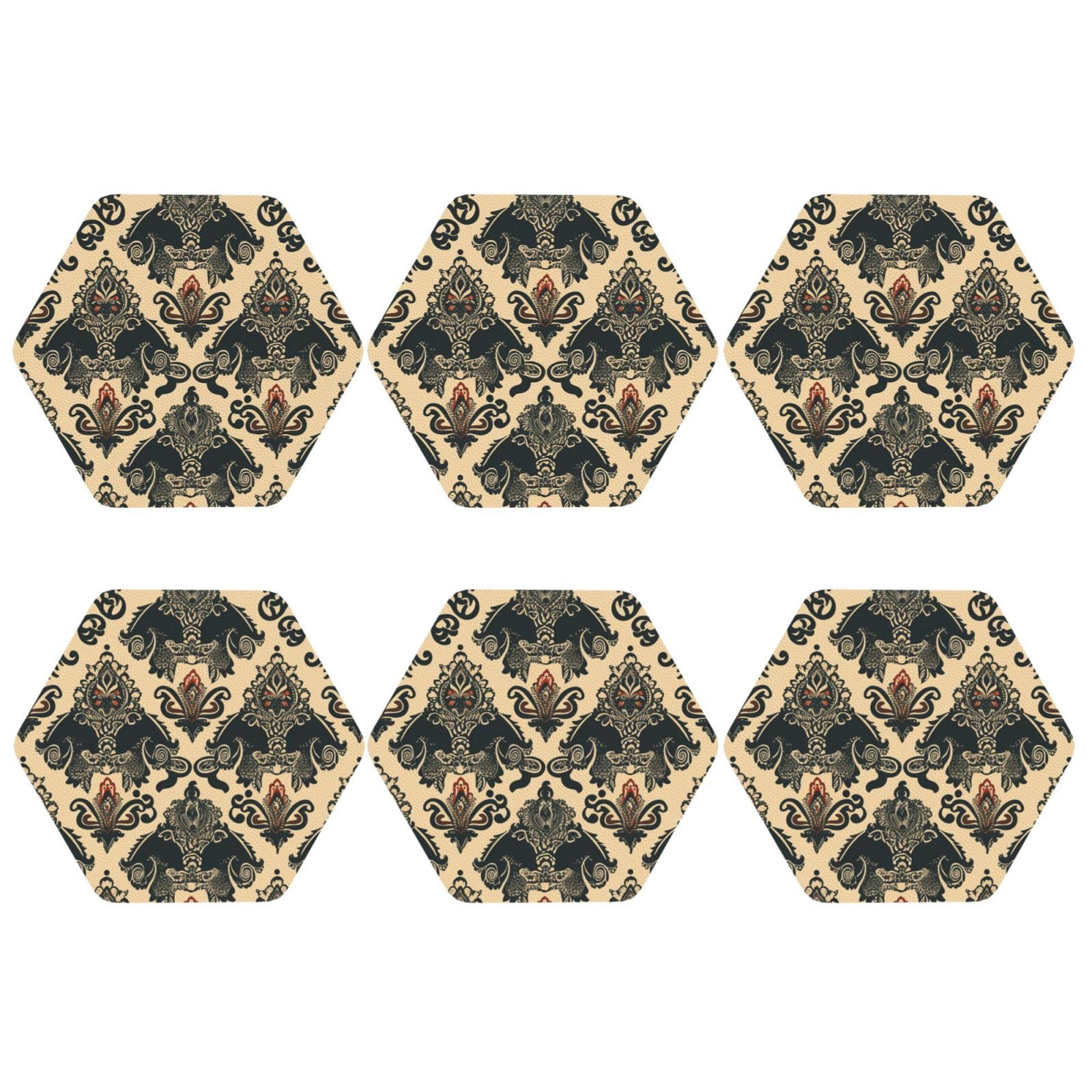6Pcs PU Leather Coaster for Drinks, Asian Elephants Cup Coastersr 4" Cup Mat Pad, Aesthetic Drink Coasters for Coffee Table, Hexagon Coaster for Tabletop Protection