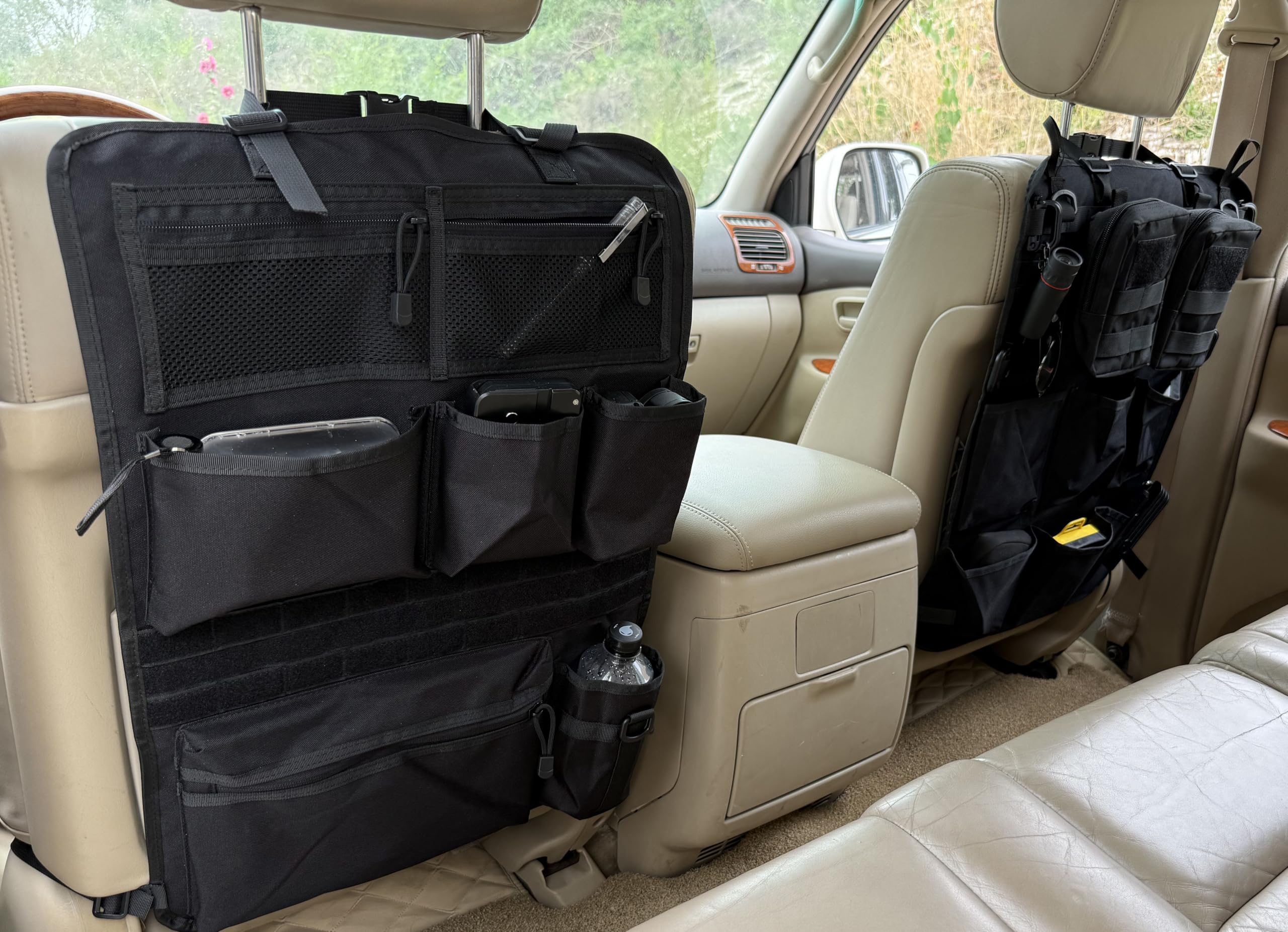 Taktischer Autositz Organizer 42x62cm mit MOLLE-System, Netztaschen, Becherhalter - Schwarz