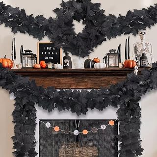 2 Pack Black Garland Halloween Decorations Indoor Outdoor Fall Maple Leaves Garland Vines, Fall Halloween Decor Home Room Table Mantle Door Wall Black Fall Halloween Party Wedding Decorations