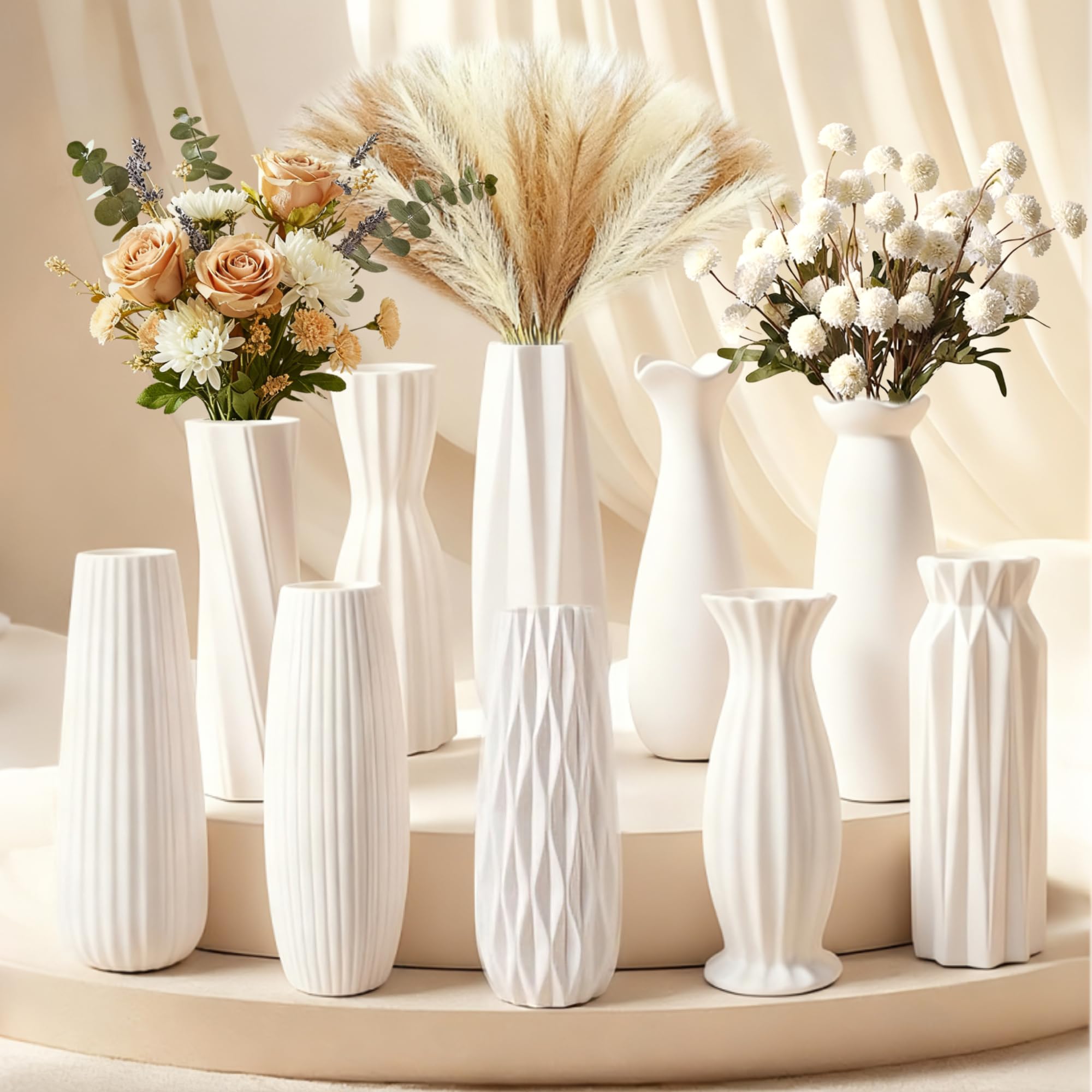 Minimalist White Ceramic Vase Collection - 10 Piece Set