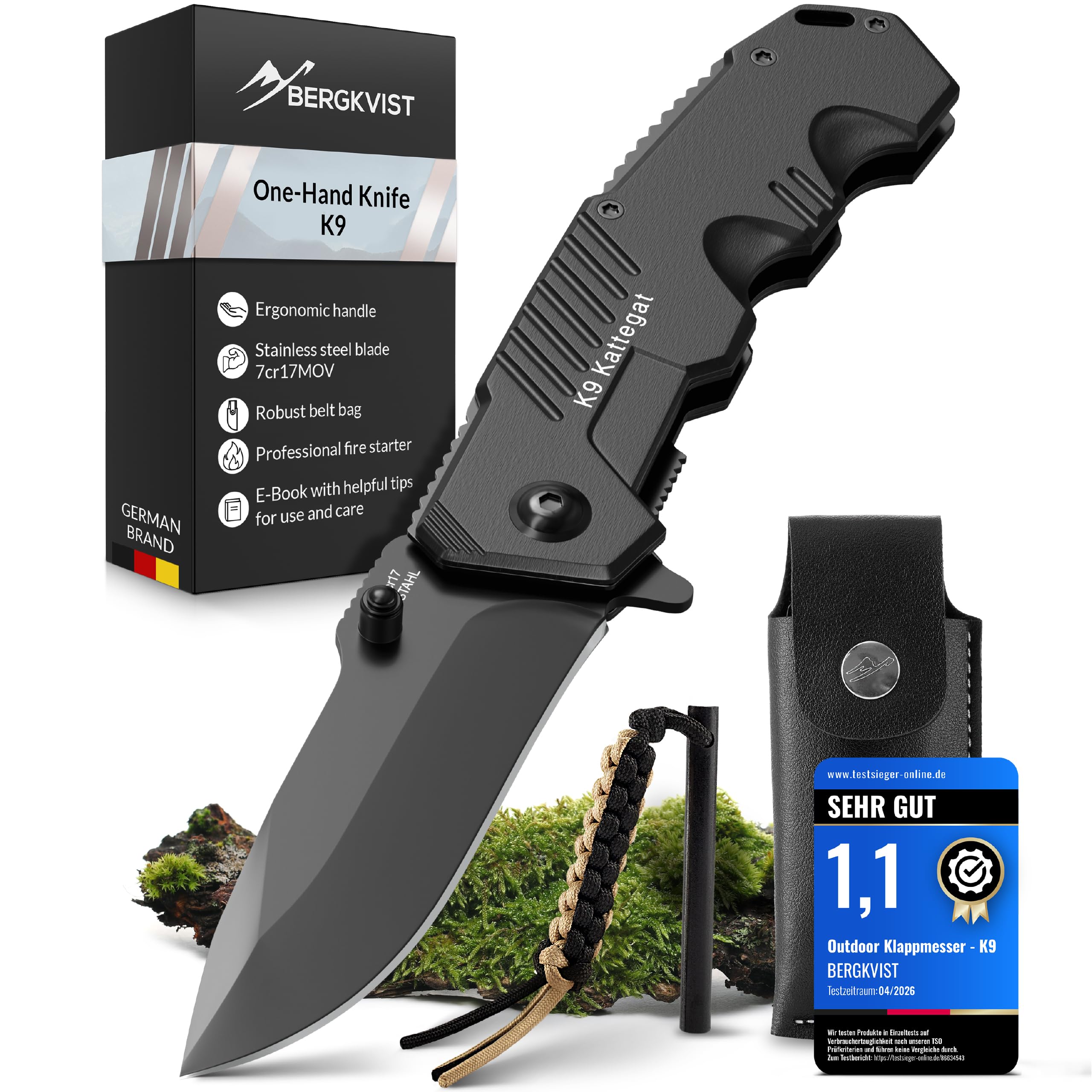 BERGKVIST® K9 Klappmesser für Outdoor & Survival [Einhandmesser] | scharfes Taschenmesser mit Edelstahlklinge, Feuerstahl & Gürteltasche, Vollmetall, schwarz