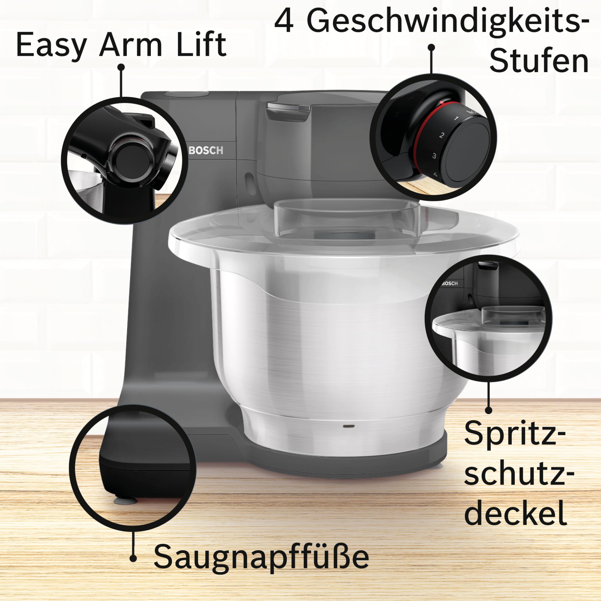 Bosch Küchenmaschine Serie 2, kleine Küchenmaschine, Edelstahl-Schüssel 3,8 L, Planetenrührwerk, Knethaken, Schlag-, Rührbesen Edelstahl, Durchlaufschnitzler, 3 Scheiben, 700 W, schwarz, MUMS2EB01