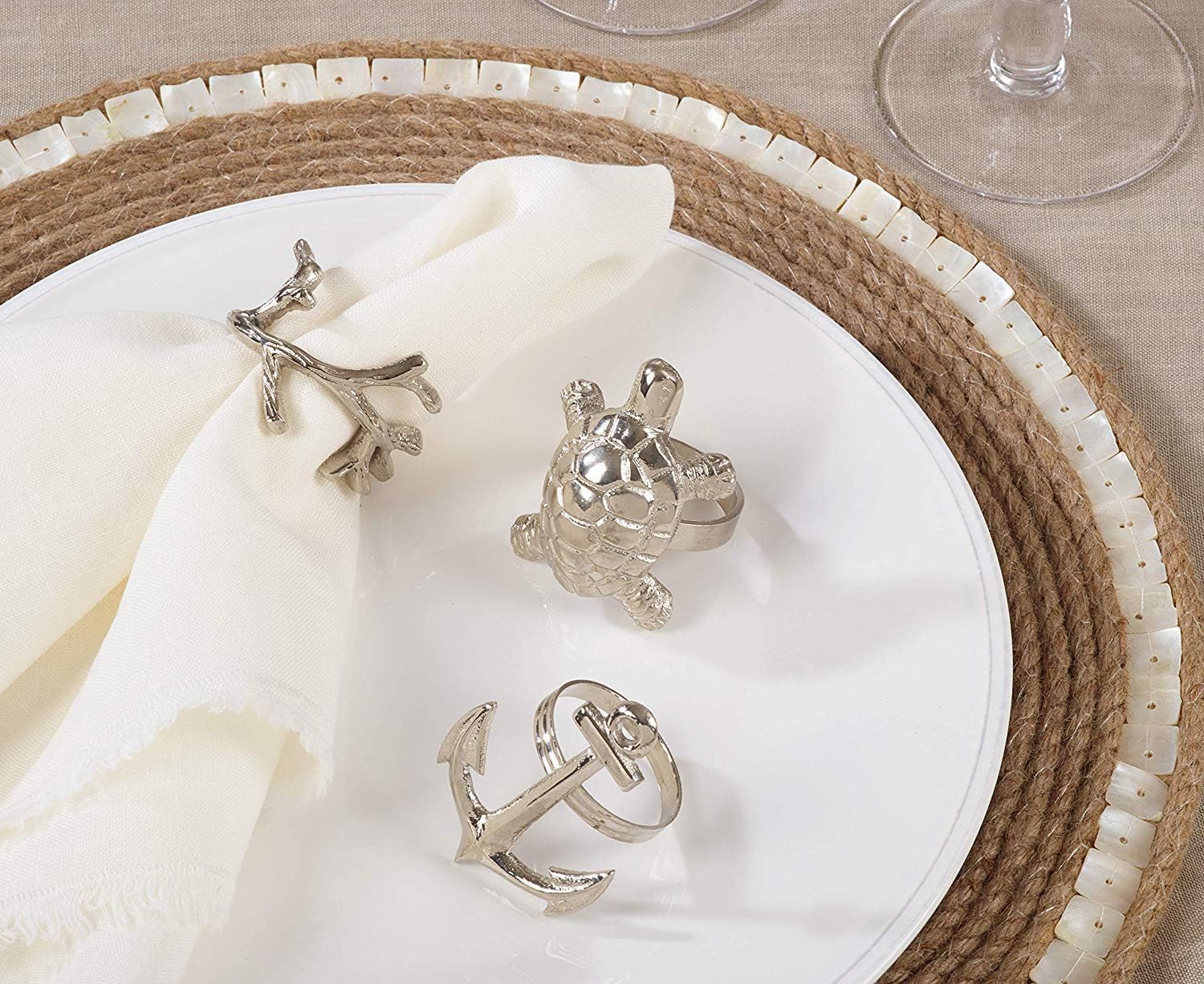 Fennco Styles Contemporary Seaside Anchor Design Brass Napkin Rings, Set of 4 - Silver Plated Napkin Holders for Everyday Use, Holiday Décor, Banquets and Special Events