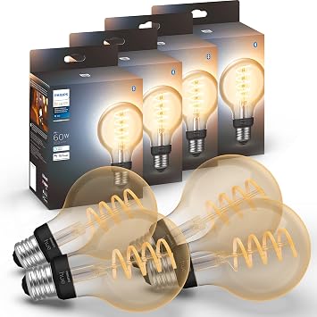 لمبة LED من Philips Hue Smart 60W G25 Filament - White Ambiance Warm-to-Cool White Light - 4 Pack - 550LM - E26 - Indoor - Control with Hue App - Works with Alexa, مساعد Google و Apple Homekit