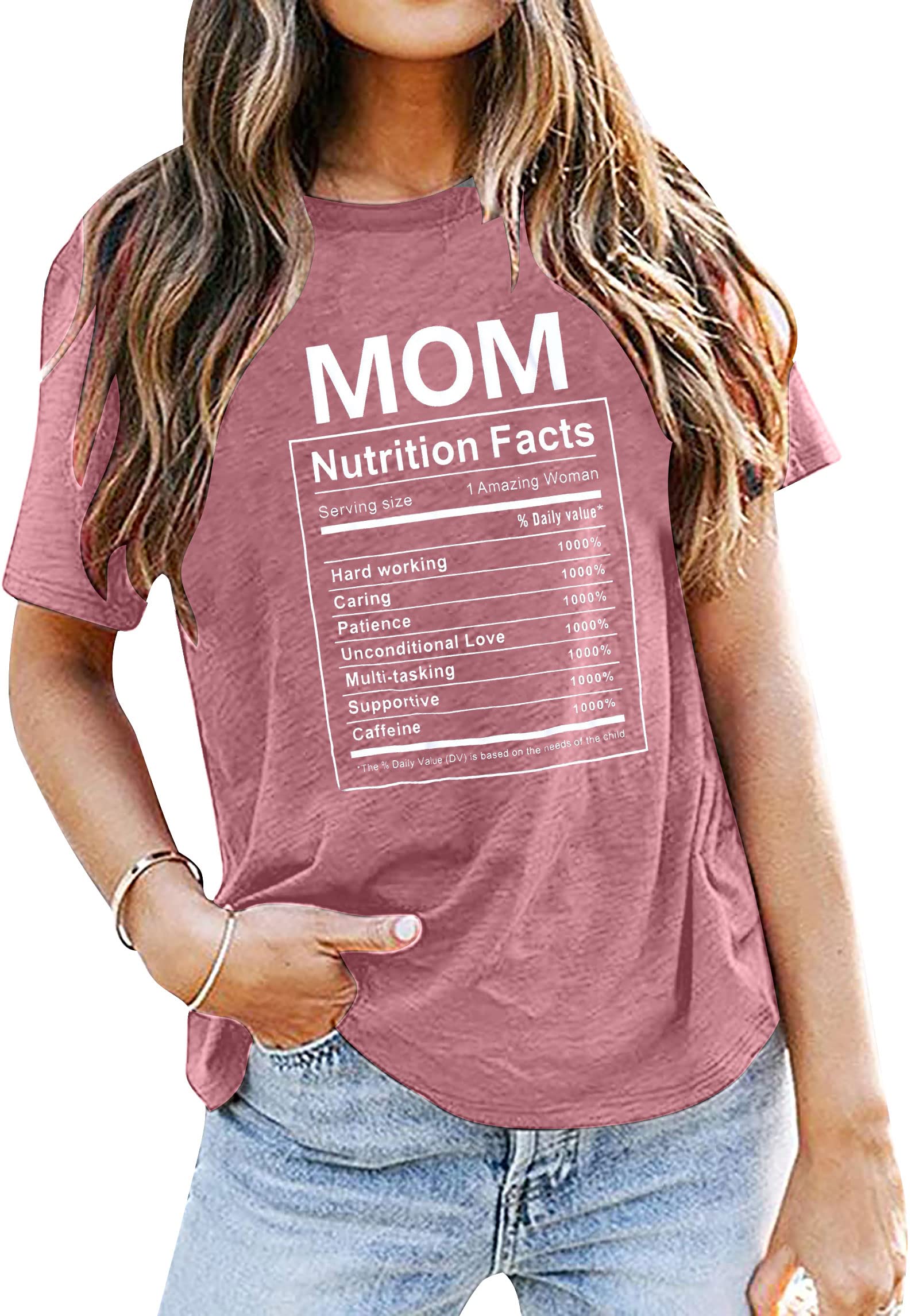 FAYALEQMom Nutrition Facts Shirt for Women Funny Mother’s Day T-Shirt Mom Life Tee Shirt Letter Print Tees Summer Casual Top