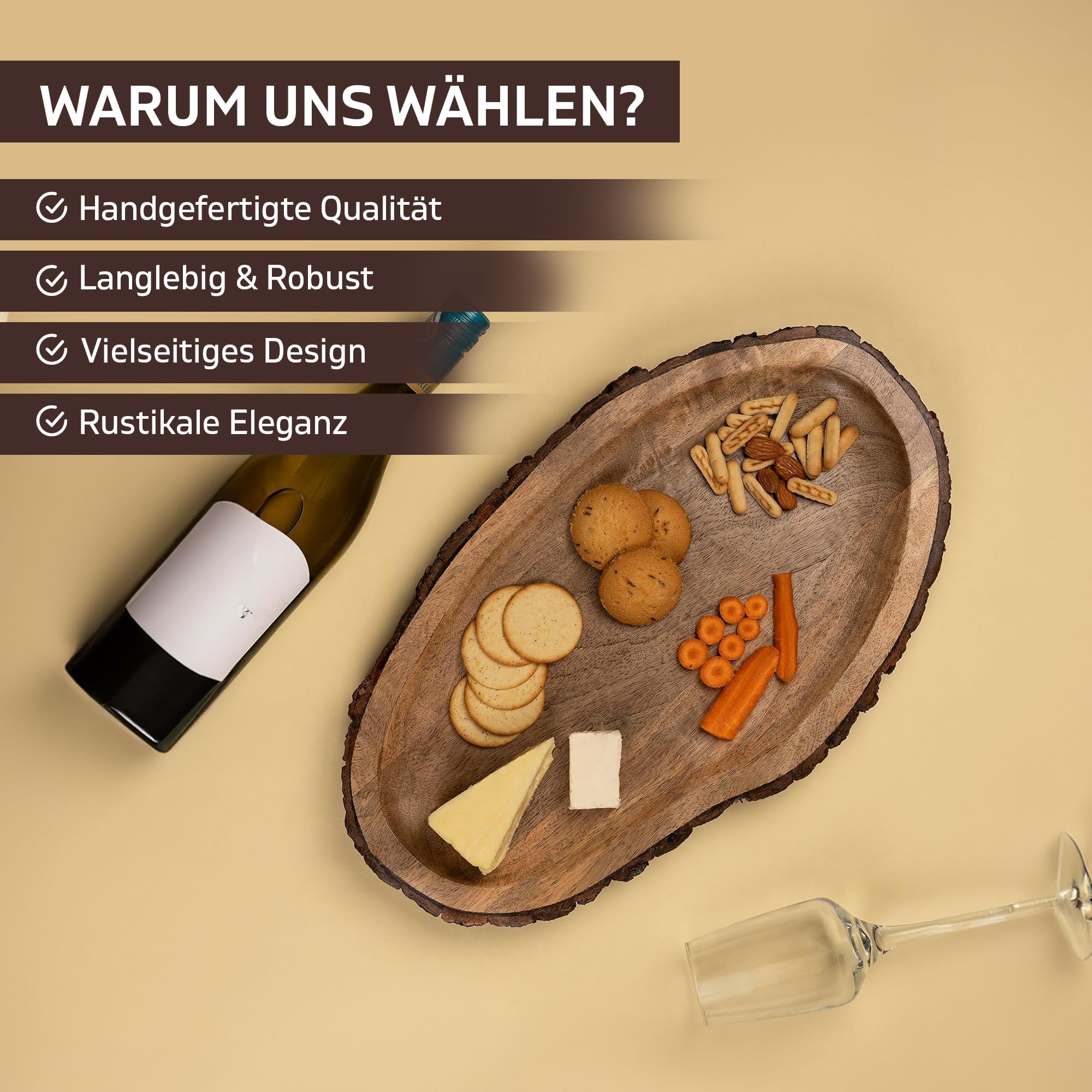GoCraft Ovale Servierplatte aus Holz mit Baumrinde – Mangoholz-Charcuterie-Brett, 43,2 x 25,4 cm, rustikale Platte zum Servieren von Käse, Vorspeisen, Snacks, Obst und mehr – perfekt für Unterhaltung