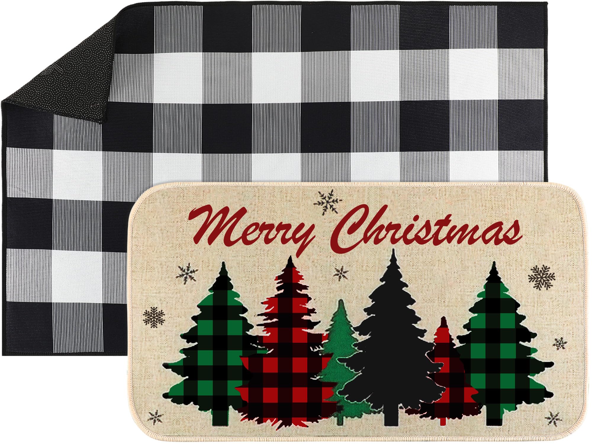 Tinideya 2 Pcs Christmas Door Mat Include 24 x 35 Inches Black and White Buffalo Check Outdoor Rug Christmas Outdoor Buffalo Plaid Rug 15 x 28 Inches Christmas Outdoor Doormats for Holiday Front Door