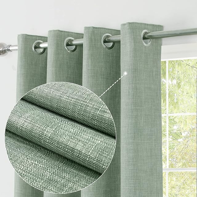 always4u Linen Look 100% Blackout Eyelet Curtains Thermal Energe Saving for Bedroom 1 Pair Noise Reducing Solid Modern Window Treatment for Home Decoration Sage Green W66*L72