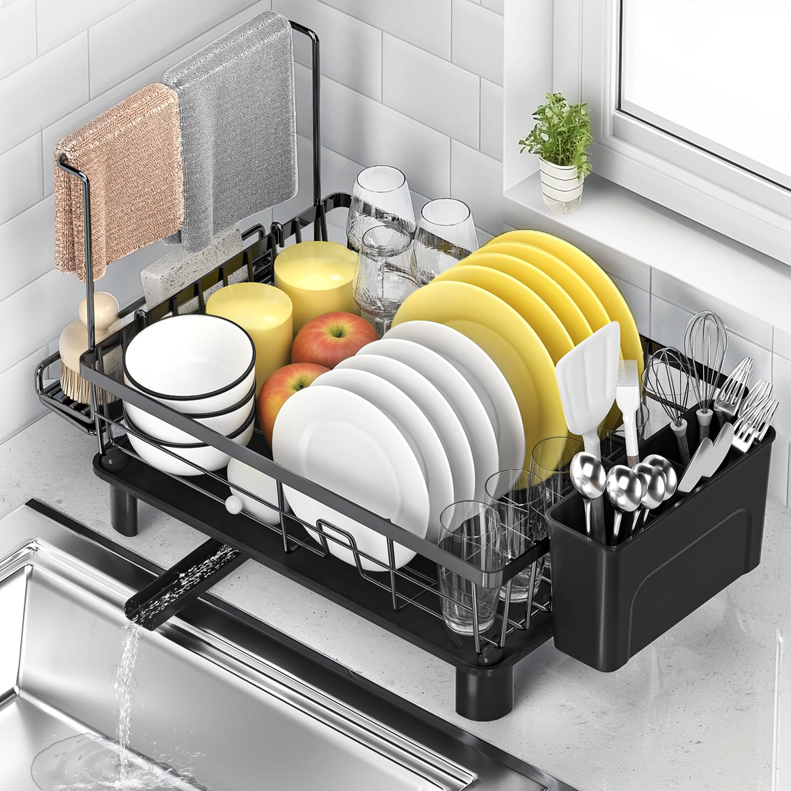 Scolapiatti Home-X In Acciaio Inox Con Vassoio Antigoccia Regolabile E Portautensili - Salvaspazio Per Cucina (40x30x14 Cm)