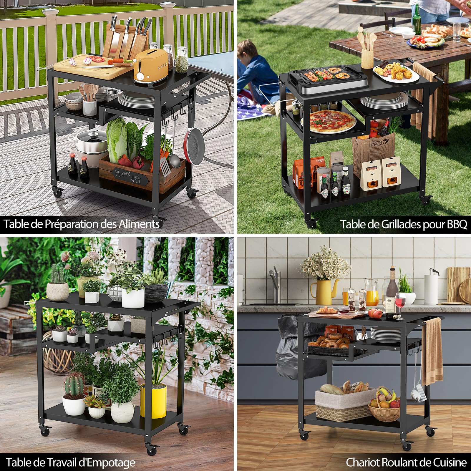 GOPLUS - Carro de barbacoa con 4 ruedas, postre exterior para barbacoa, plancha con 4 ganchos y estante, 111 x 50,5 x 93 cm, carga 50 kg, UI21160ELFR