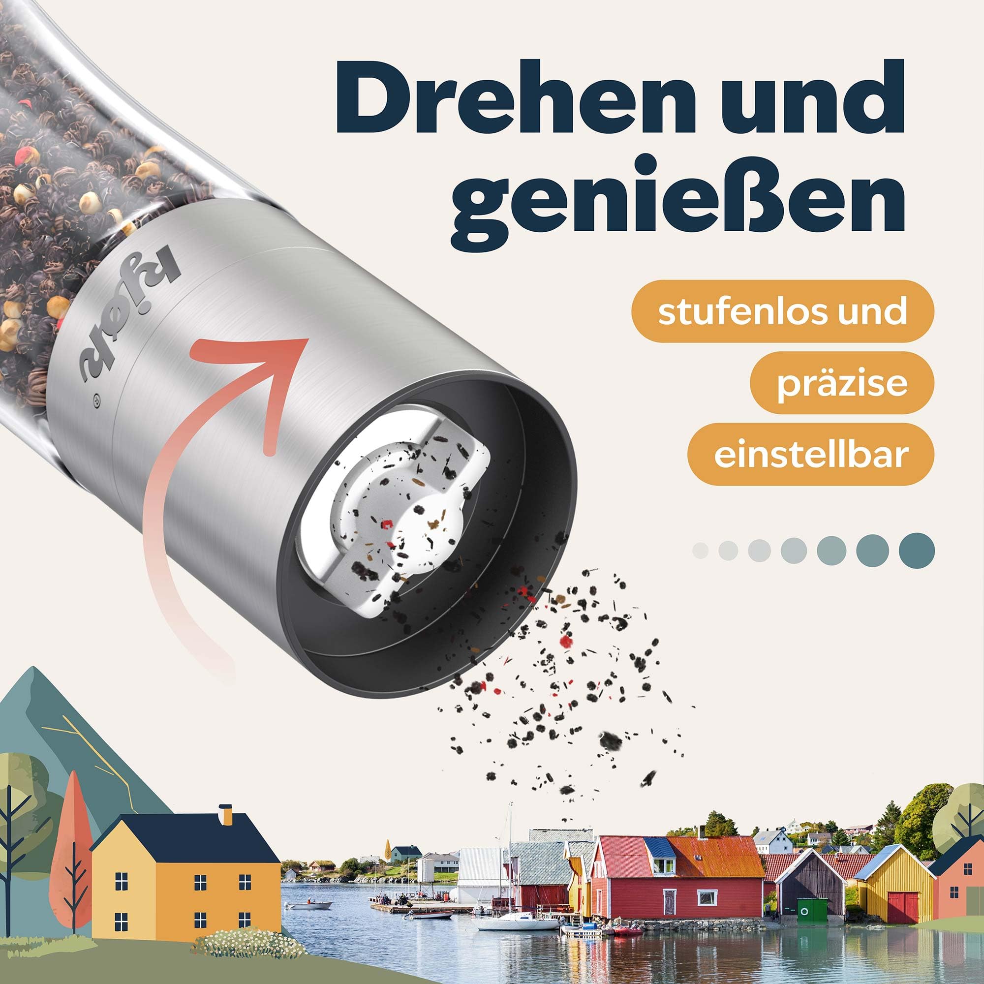 kjøk Salz- und Pfeffermühle 2er Set – Edelstahl gebürstet & Glas, stufenloses Keramikmahlwerk – nachfüllbare Gewürzmühlen mit Aromaschutz – ohne Inhalt