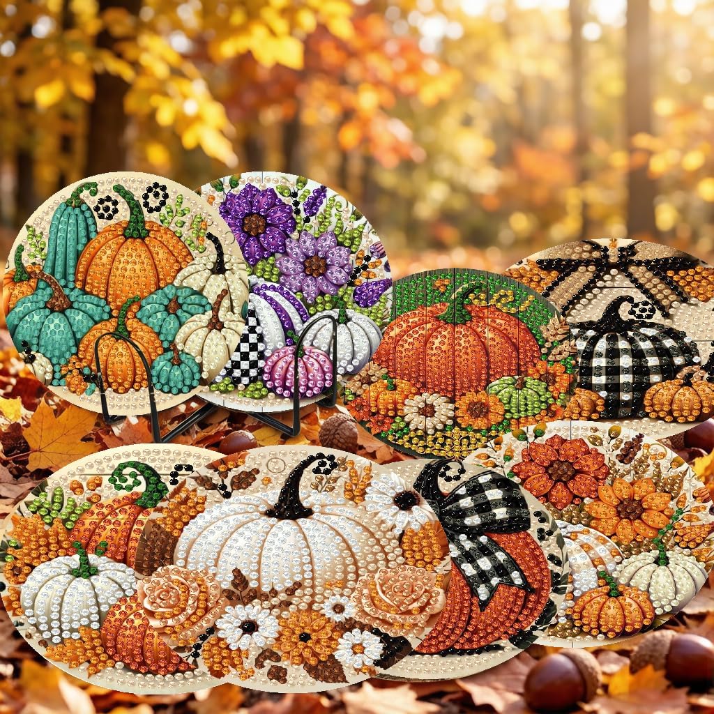 LWZAYS 8 PCS Fall Pumpkin Diamond Art Coaster Kits with Holder - Autumn Diamond Painting for Adults Beginners - 5D Gem Art Dots Paintings with Cork Pads - Crafts Supplies