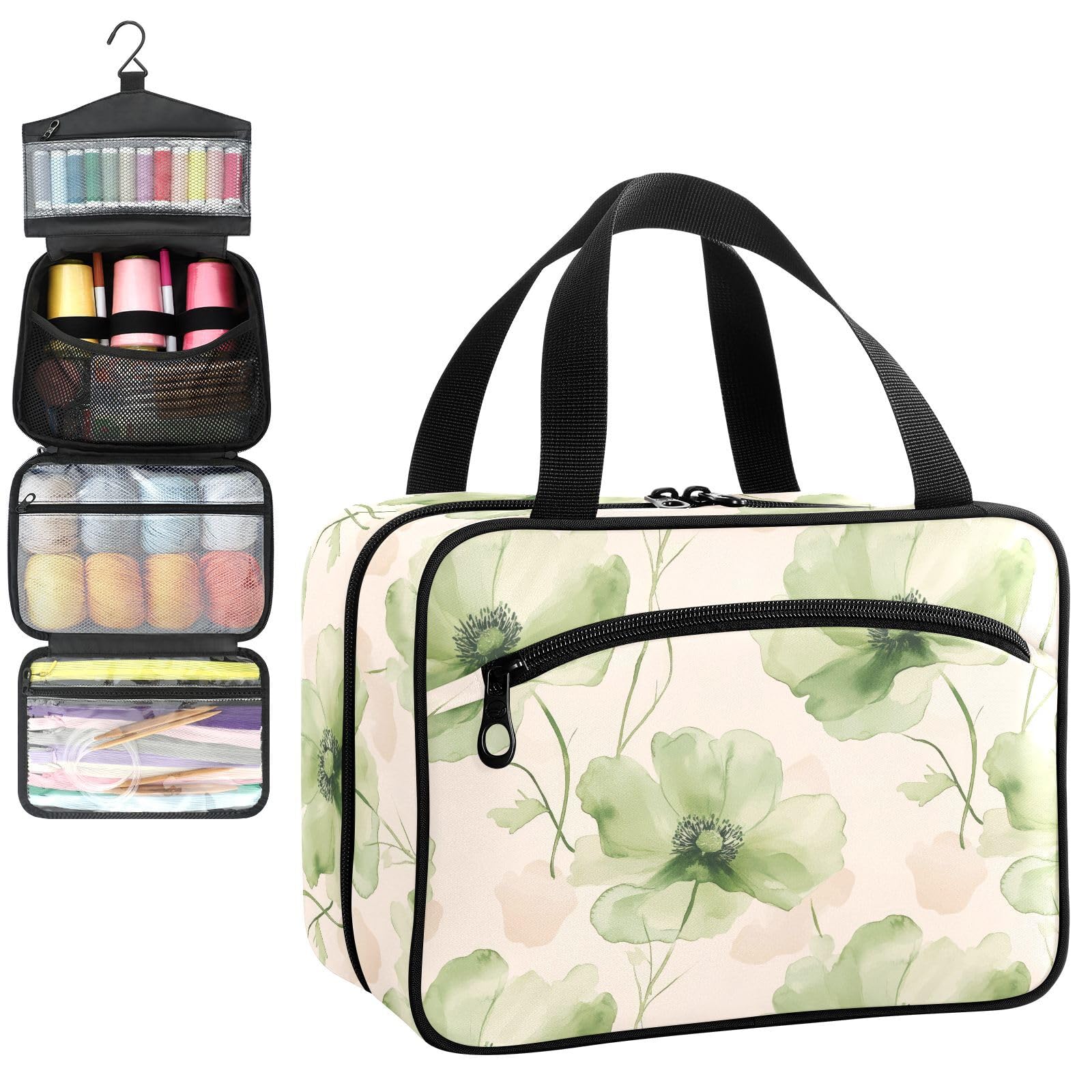 YNNALE Sewing Supply Organizer Bag, Watercolor Green Floral Cream Color Portable Sewing Bags with Pockets&Hanger, Sewing Storage Box Case for Sew Supplies/Kit/Tools/Accessories (BAG ONLY)