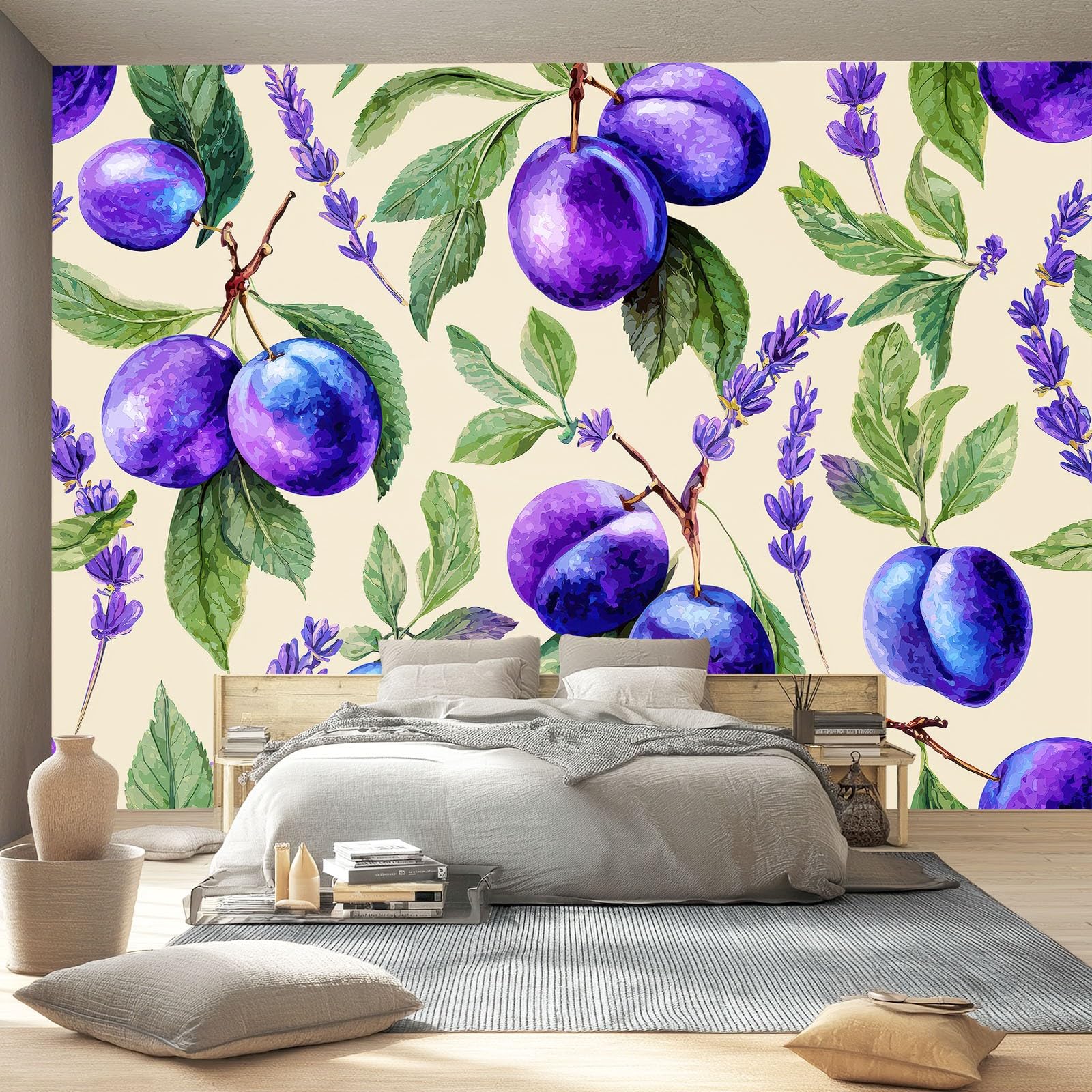Dekoracyjna tapeta ścienna | Akwarela Śliwka Owoce Wzory | Nadaje się do salonu, sypialni i biura, stylowa i prosta w instalacji, idealna, (fioletowy, 400 x 280 cm