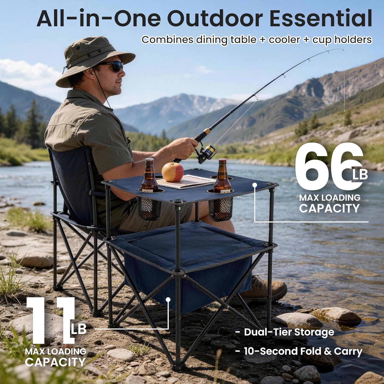 Portable Outdoor Folding Camping Table with 4 Cup Holders & Cooler Compartment, Waterproof Picnic Table for Picnic, BBQ, Beach, Hiking (Navy Blue, 1 PCS)