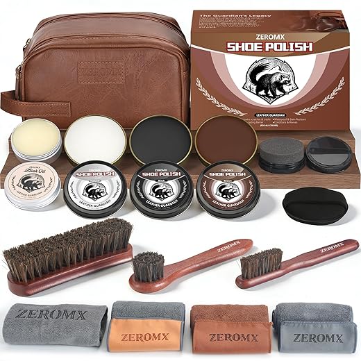 Shoe Care Kit for Men & Wsomen, 14Pcs Shoe Shine Kit for Men with Black Brown Neutral Mink Oil for Shoes, Care for Leather Boots, Shoe Cleaning Kit as Gift for Mens with Shine Sponges & Cloth