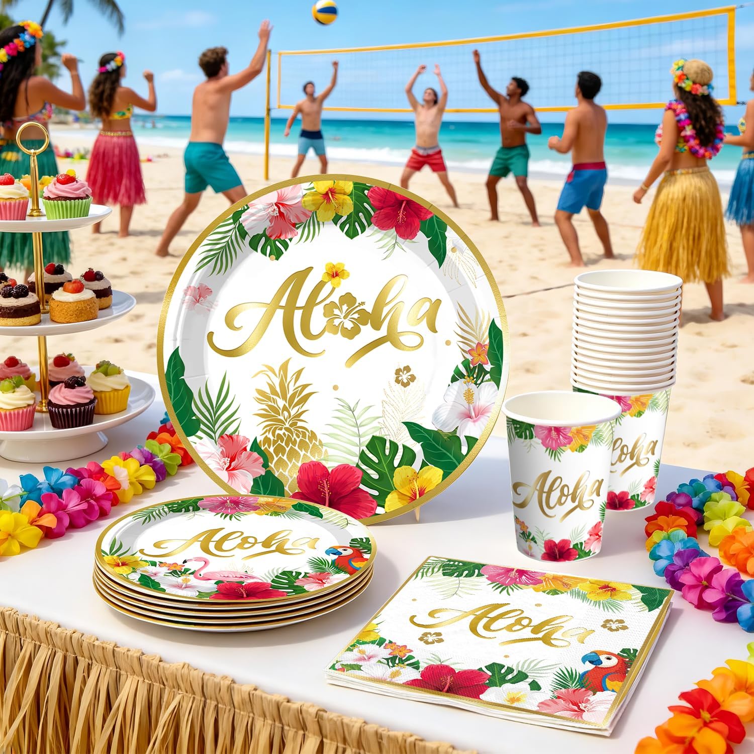 cocomigo 320pcs Hawaiian Party Decorations Complete Party Set, Serves for 25 Guests, Luau Birthday Decorations, Aloha Birthday Decorations with Hawaii Tropical Theme Banner, Balloon Arch, Tableware