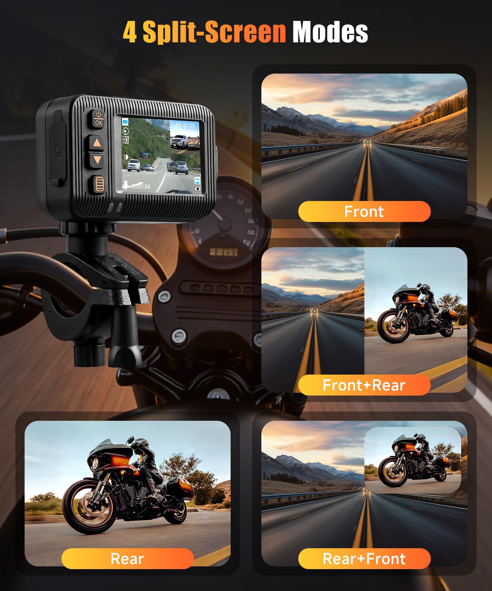 VECHTEL Videocamera da Cruscotto Moto Anteriore e Posteriore 1080p, Schermo HD da 2", Doppia Fotocamera per Moto, Impermeabile, Registrazione in Loop, Sensore G Integrato, Telecomando e Scheda SD da
