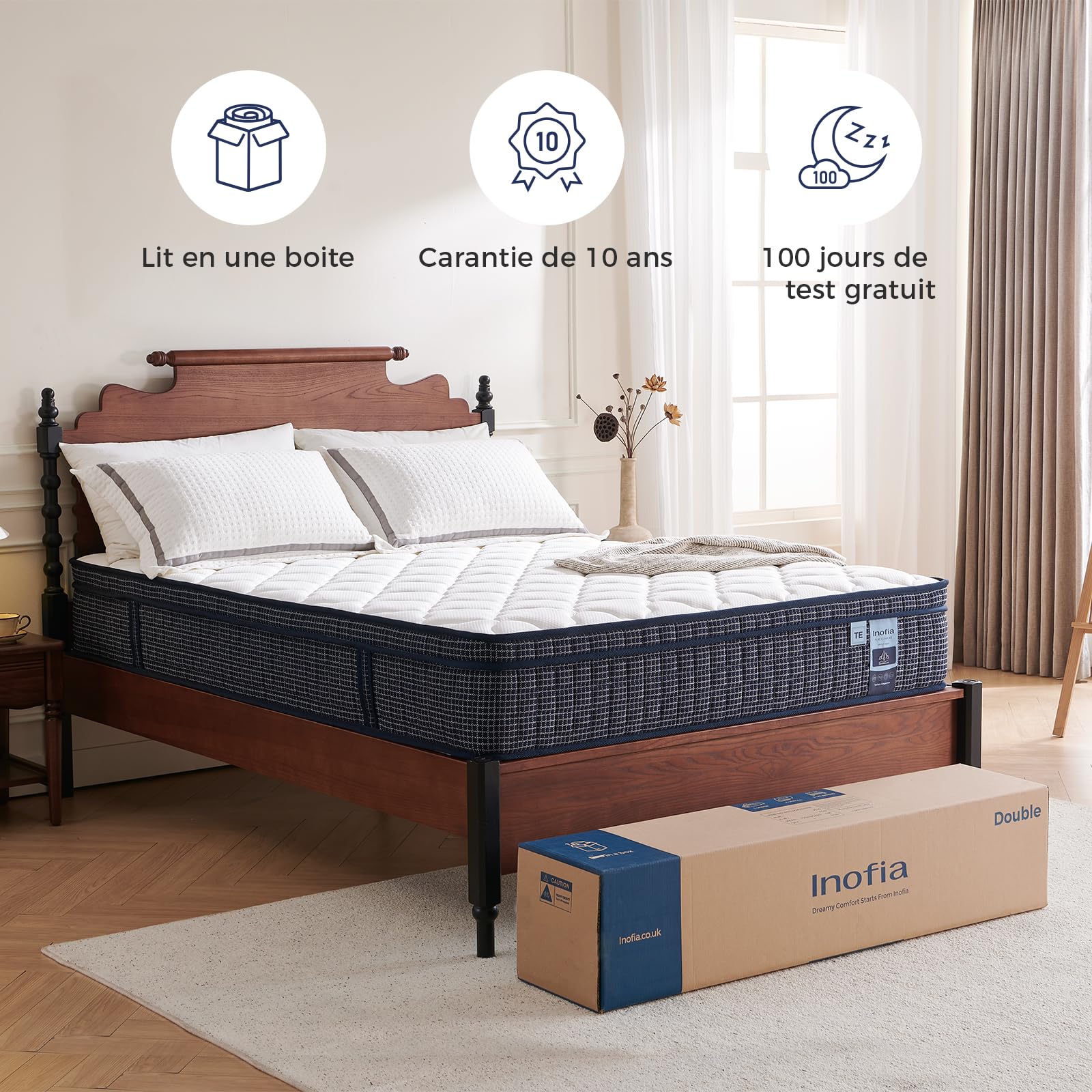 Inofia Matelas 140x190 Tartan-E,7zones,Matelas à Ressorts ensachés avec Mousse à mémoire de Forme orthopédique,Gel rafraîchissant HermoReg,Housse VitaFlow 3D - 28 cm,Certifié ÖKO-TEX® Essai100nuits