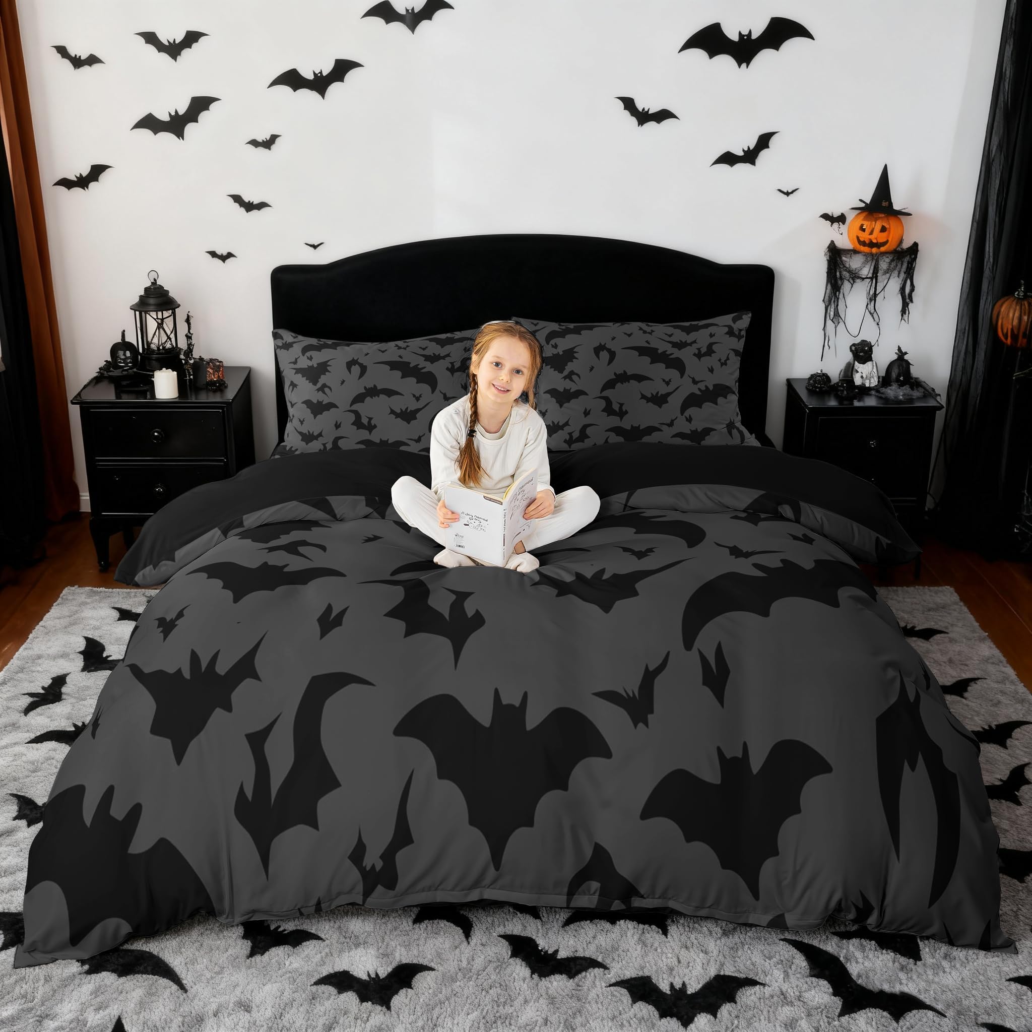 Bats Pattern Duvet Cover,Kids Night Bedding Set,Bats Comforter Cover for Boys Girls Room Decor,Black and Gray Lightweight Bedspread Cover Twin Size with 1 Pillow Case(No Comforter)