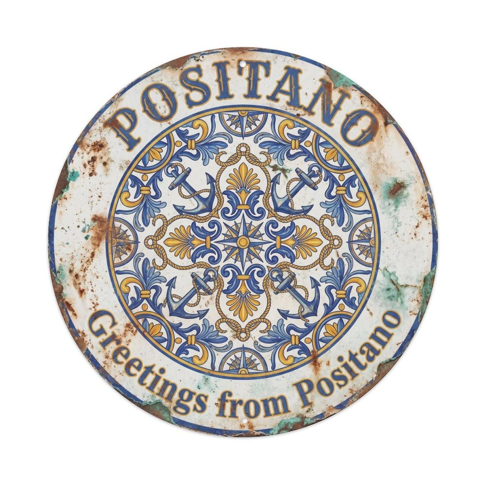 Italy Travel Positano Seaside Vintage Italian Riviera Metal Tin Sign Plaque Wall Decor for Cafe, Man Cave, Club Bar, Office, Home Garden Round Metal Poster 8x8Inch