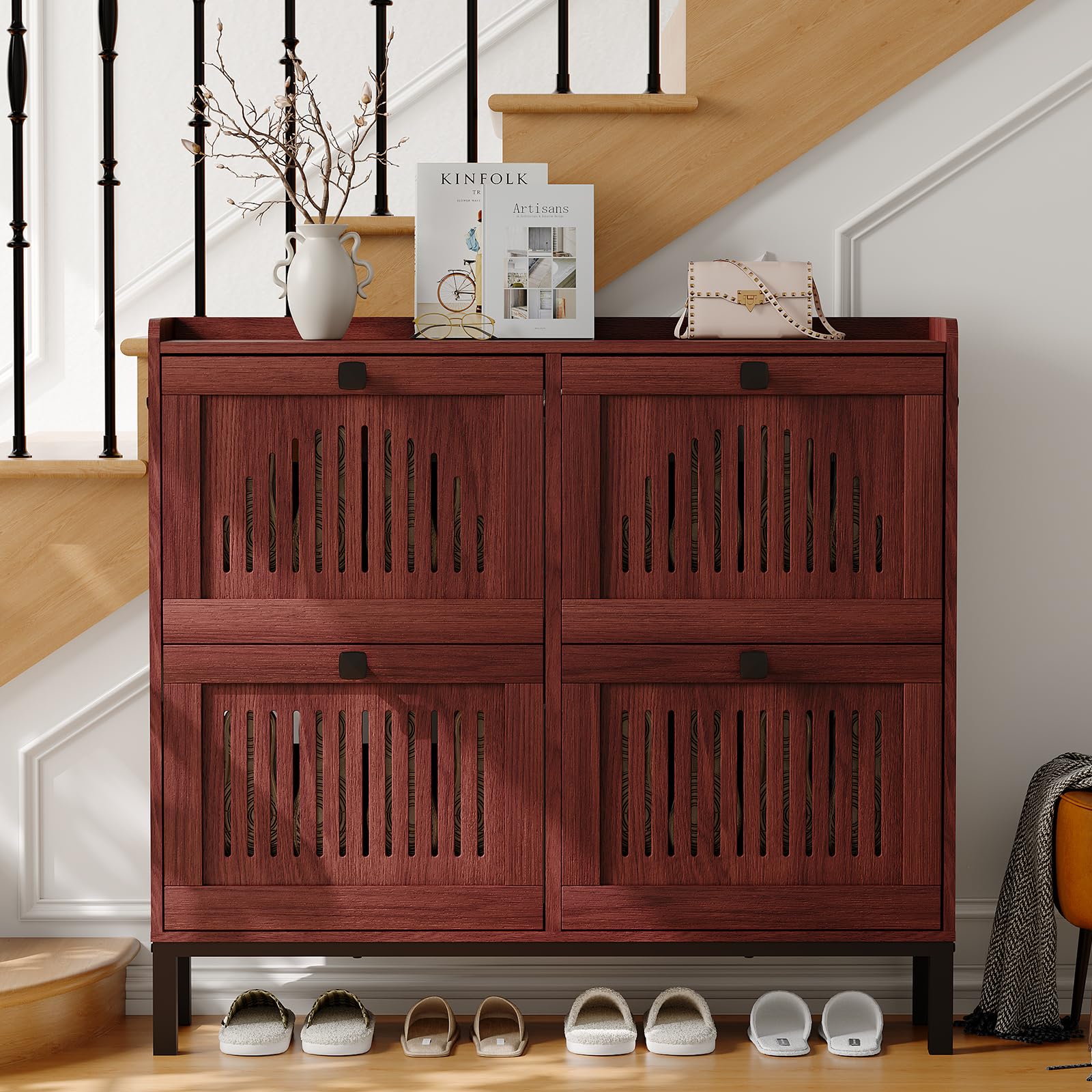 Schmaler Schuhschrank mit 4 Klappfächern - verstellbare Einlegeböden - Kippschutz - belüftete Front - großer Stauraum, freistehend für Flur/Diele - Farbe: Walnut