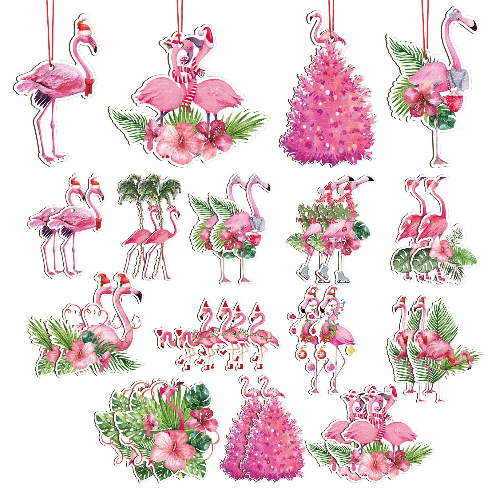 Qunclay 24 Pcs Flamingo Christmas Tree Ornament Pink Flamingo Tropical Ornaments with Santa Hat Wooden Christmas Tree Hanging Decorations for Xmas