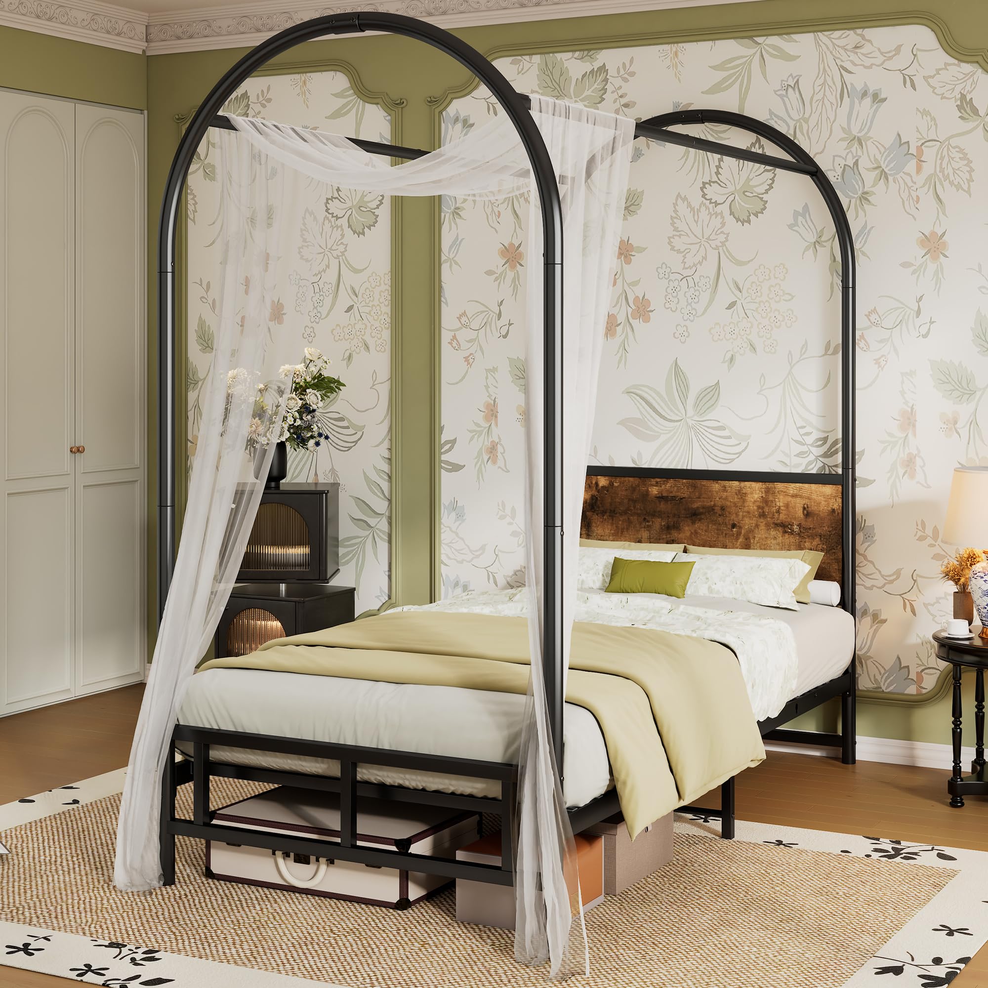 3ft Single Bed Frame Solid Metal Bed Frame, Vintage Canopy Twin Bed, Iron Platform Bed for Adults & Teenagers, Durable and Sturdy, No Mattress, Black+Wood Color