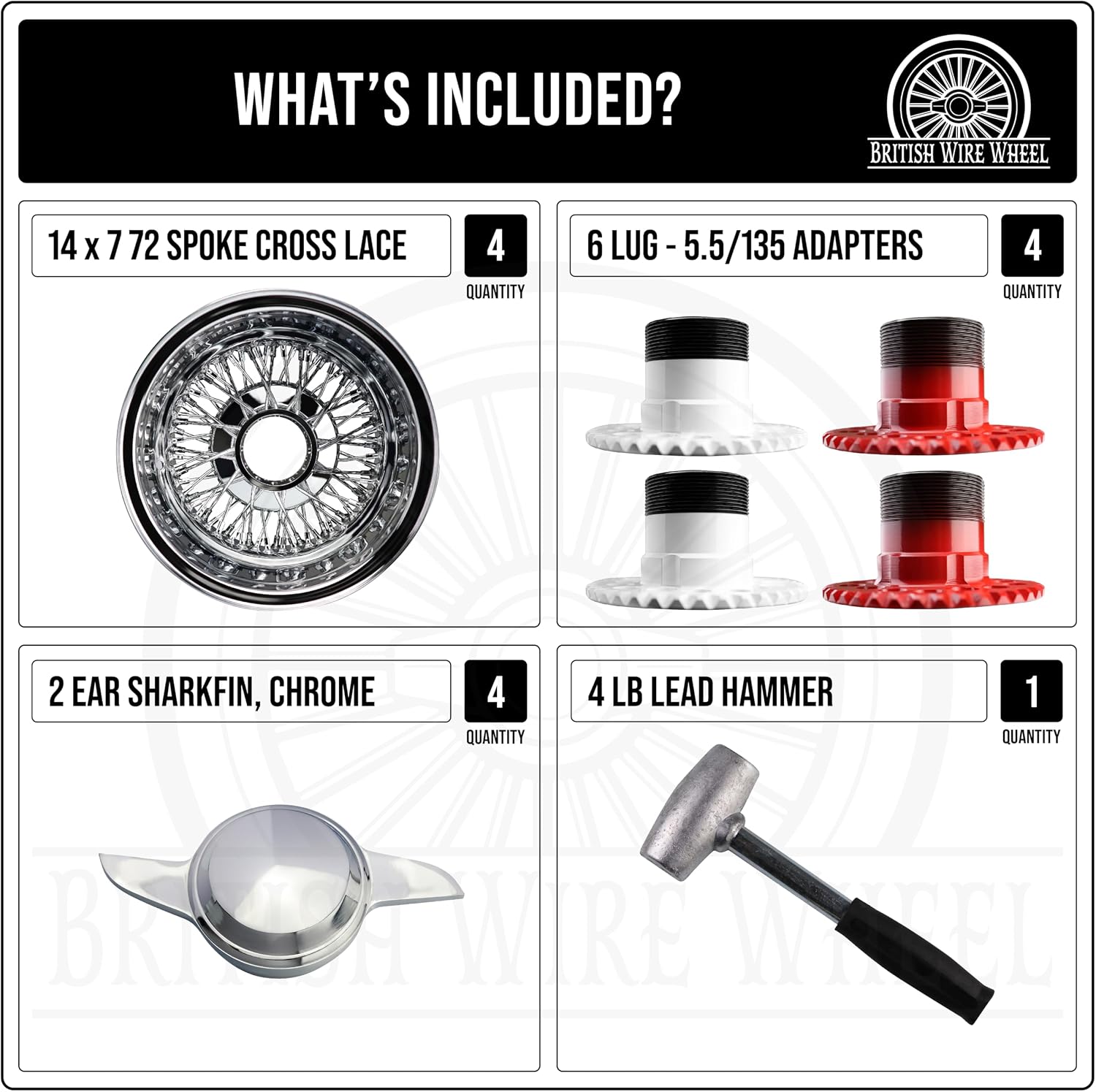 14x7 Reverse 72 Spoke Cross Lace Wire Wheels with 2 Ear/Bar Knock Off Spinner Caps + Adapters 6x5.5, 6x135 | Chrome Deep Dish Rims for Lowriders | Set of 4 + Lead Hammer